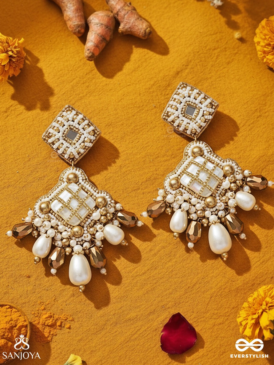 Kosavasin - Golden Sands Delight -Beads And Glass Drops Hand Embroidered Earrings