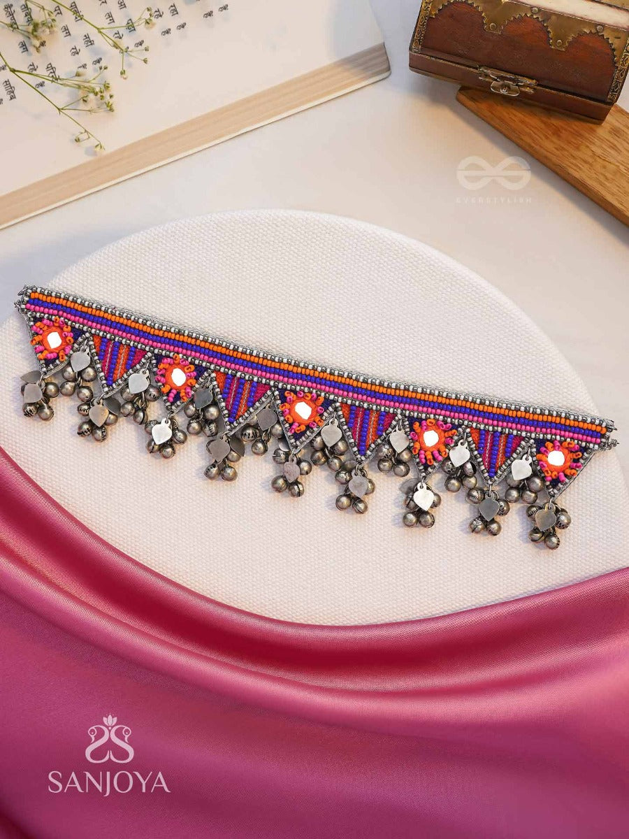 Sunarda - Amber Horizon - Mirror And Beads Hand Embroidered Oxidised Neckpiece