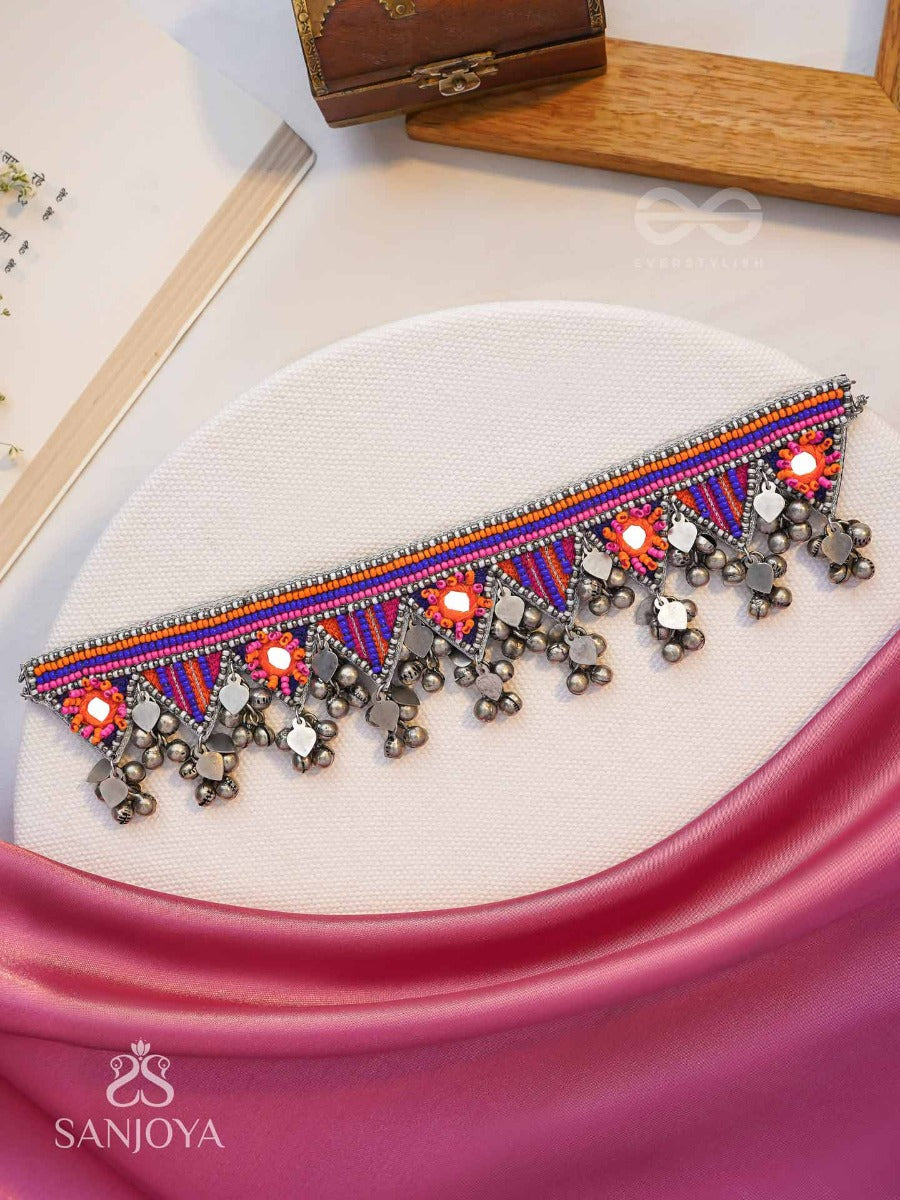 Sunarda - Amber Horizon - Mirror And Beads Hand Embroidered Oxidised Neckpiece