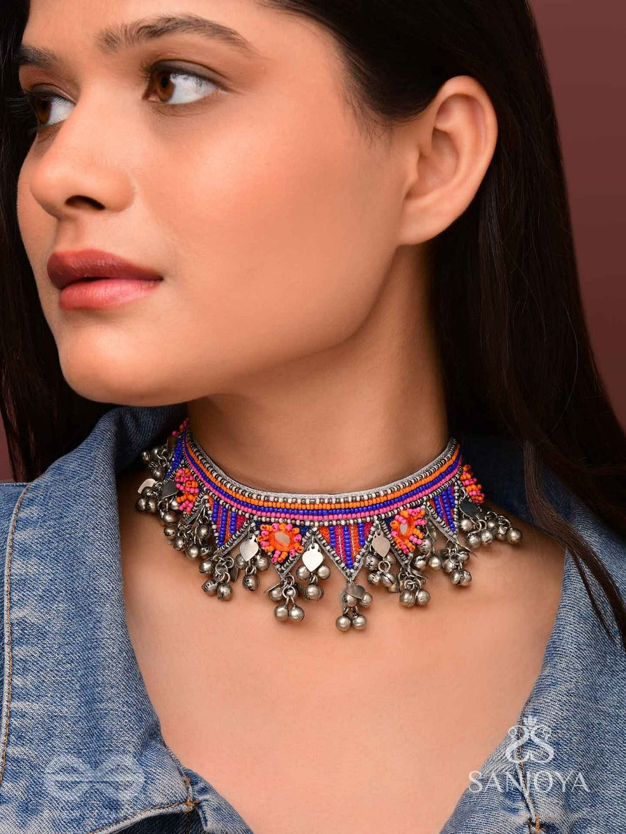 Sunarda - Amber Horizon - Mirror And Beads Hand Embroidered Oxidised Neckpiece