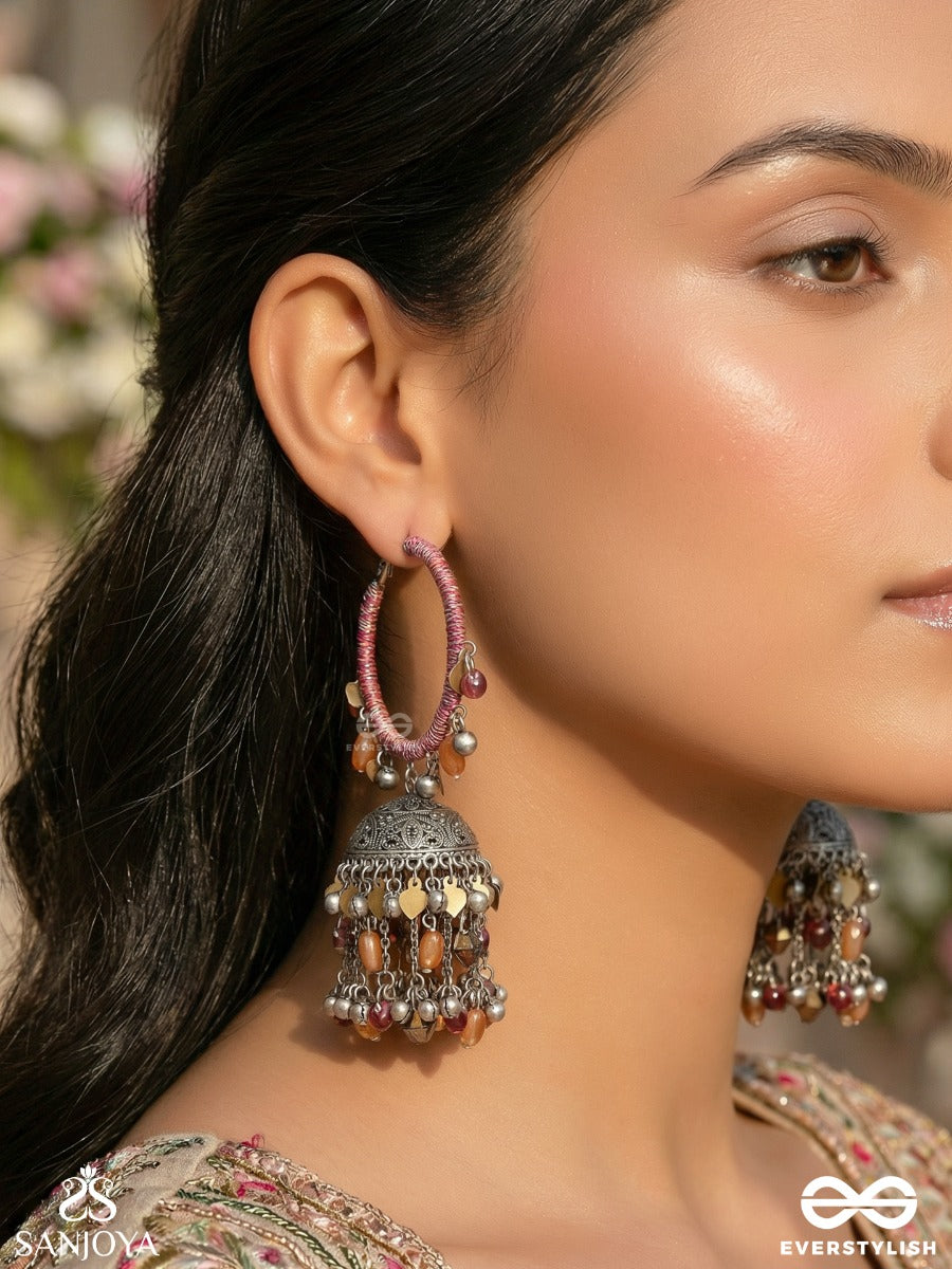 Stotavya - The Mira Chants- Beads, Resham And Glass Drops Oxidised Jhumka Earrings