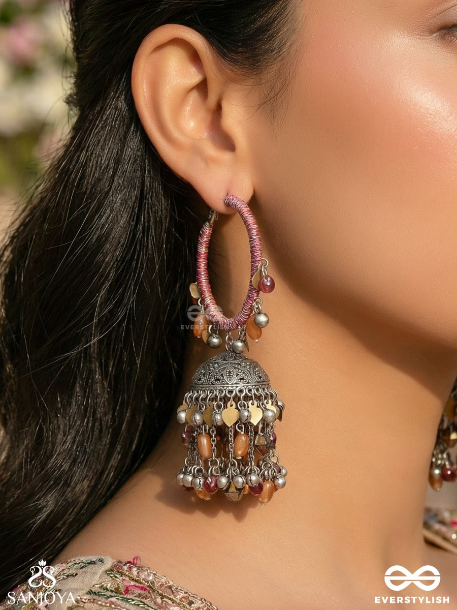 Stotavya - The Mira Chants- Beads, Resham And Glass Drops Oxidised Jhumka Earrings