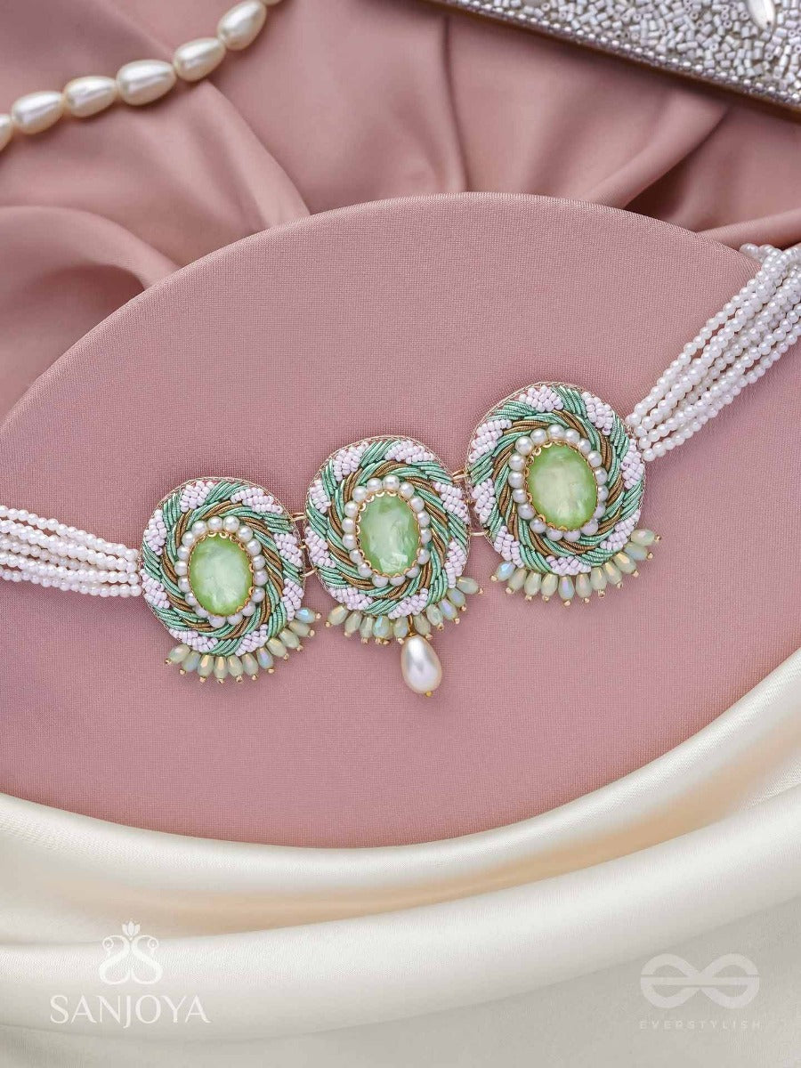 Tankasala - Frosted Fern - Stones And Pearls Hand Embroidered Neckpiece