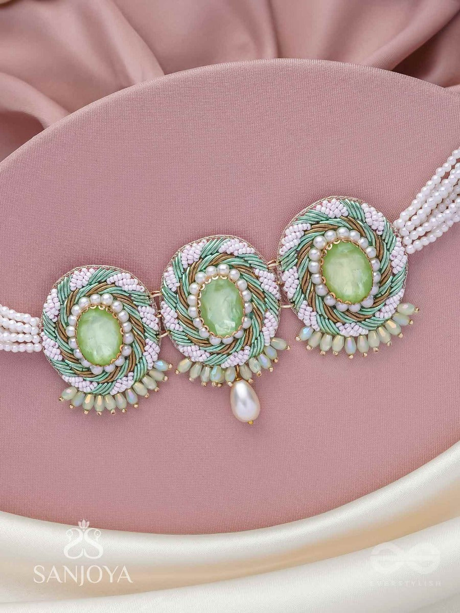 Tankasala - Frosted Fern - Stones And Pearls Hand Embroidered Neckpiece