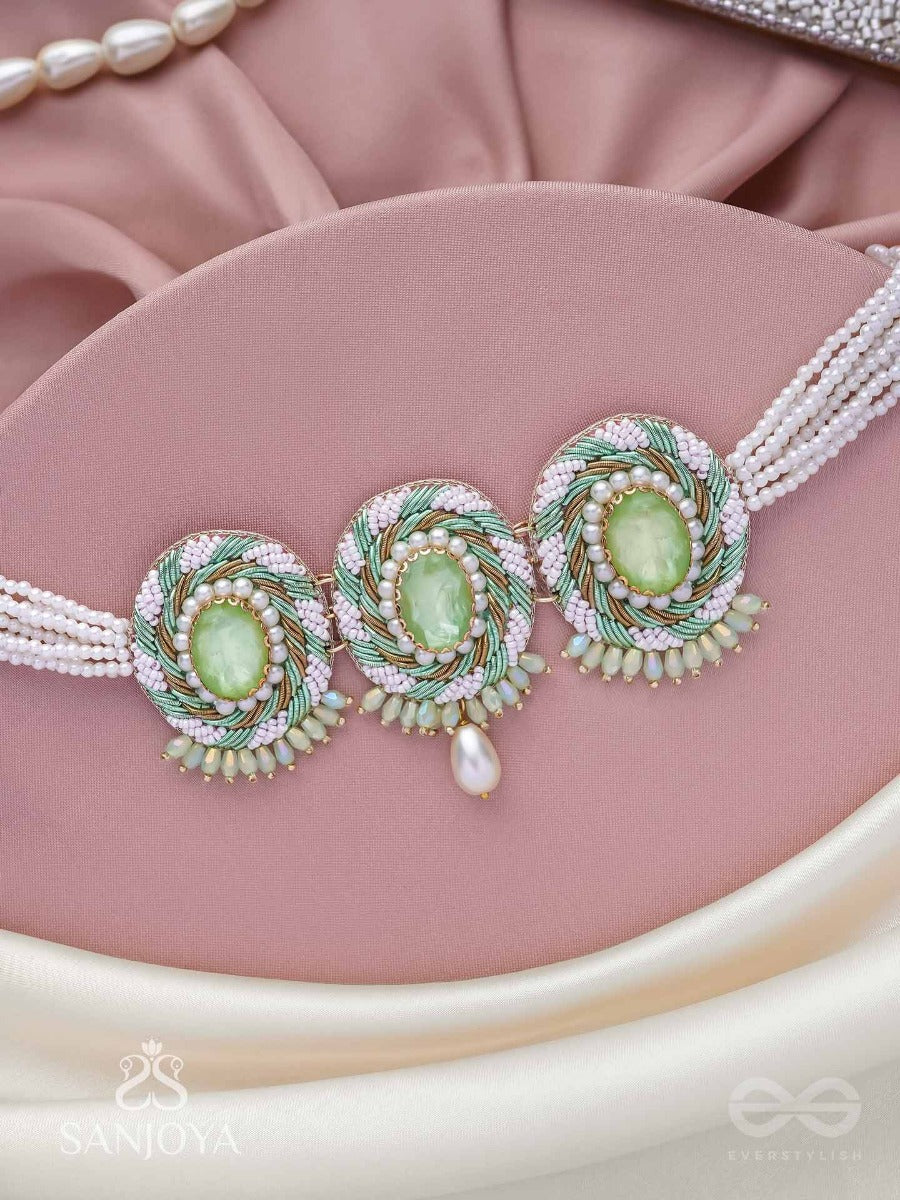Tankasala - Frosted Fern - Stones And Pearls Hand Embroidered Neckpiece