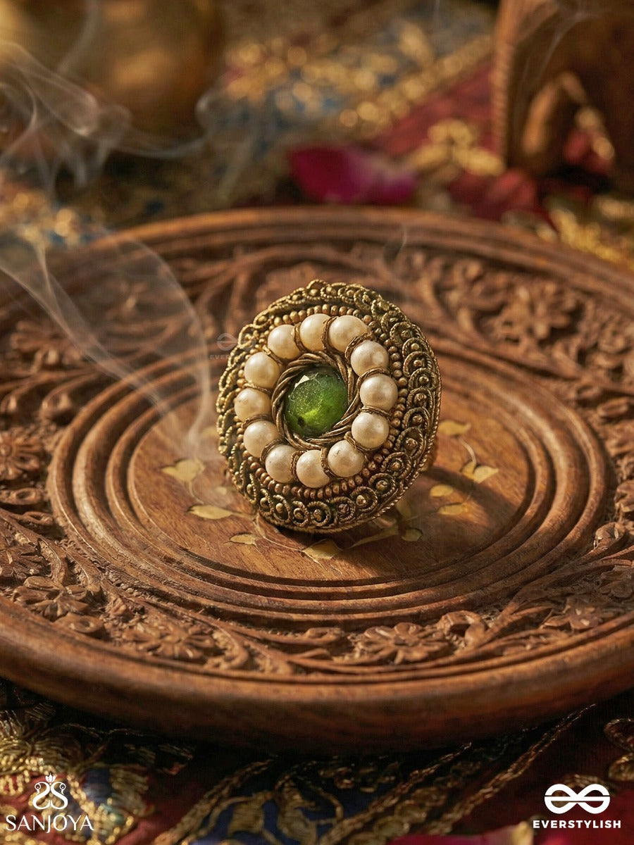 Aranyaja - Born In Forest - Beads And Stone Hand Embroidered Ring (Adjustable)