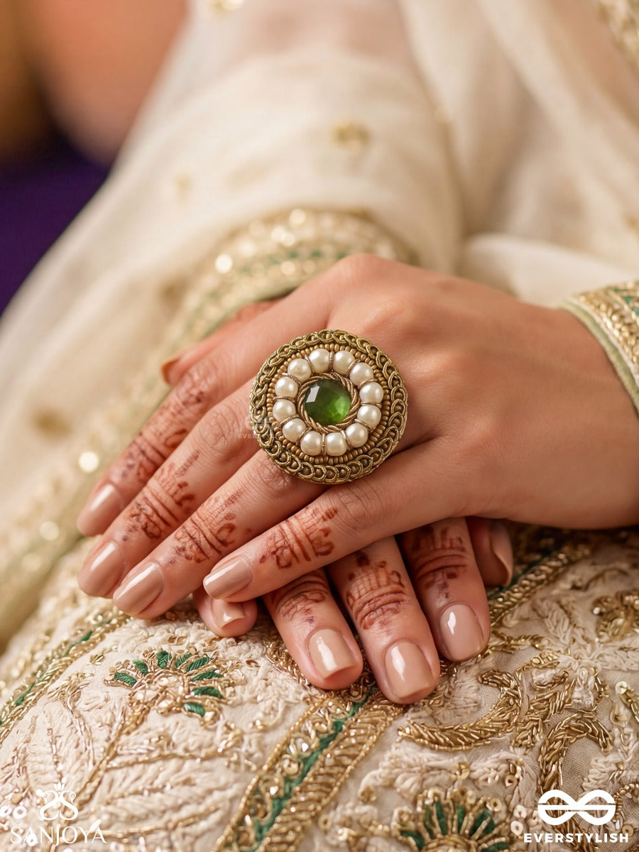 Aranyaja - Born In Forest - Beads And Stone Hand Embroidered Ring (Adjustable)