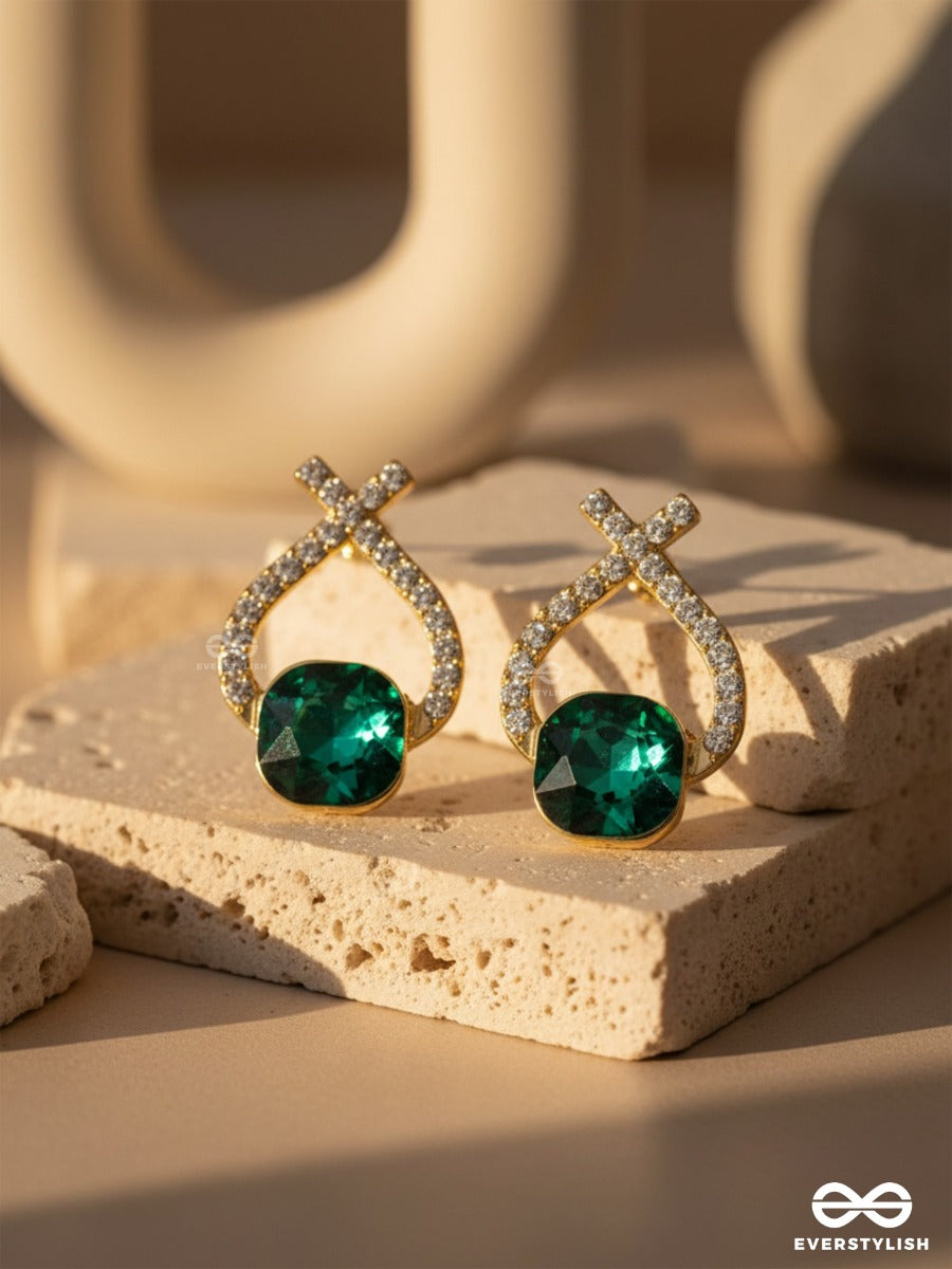 Emerald Mirage - Golden Embellished Earrings