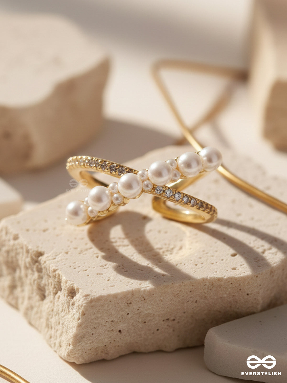 Crisscrossed Pearls - Golden Embellished Ring
