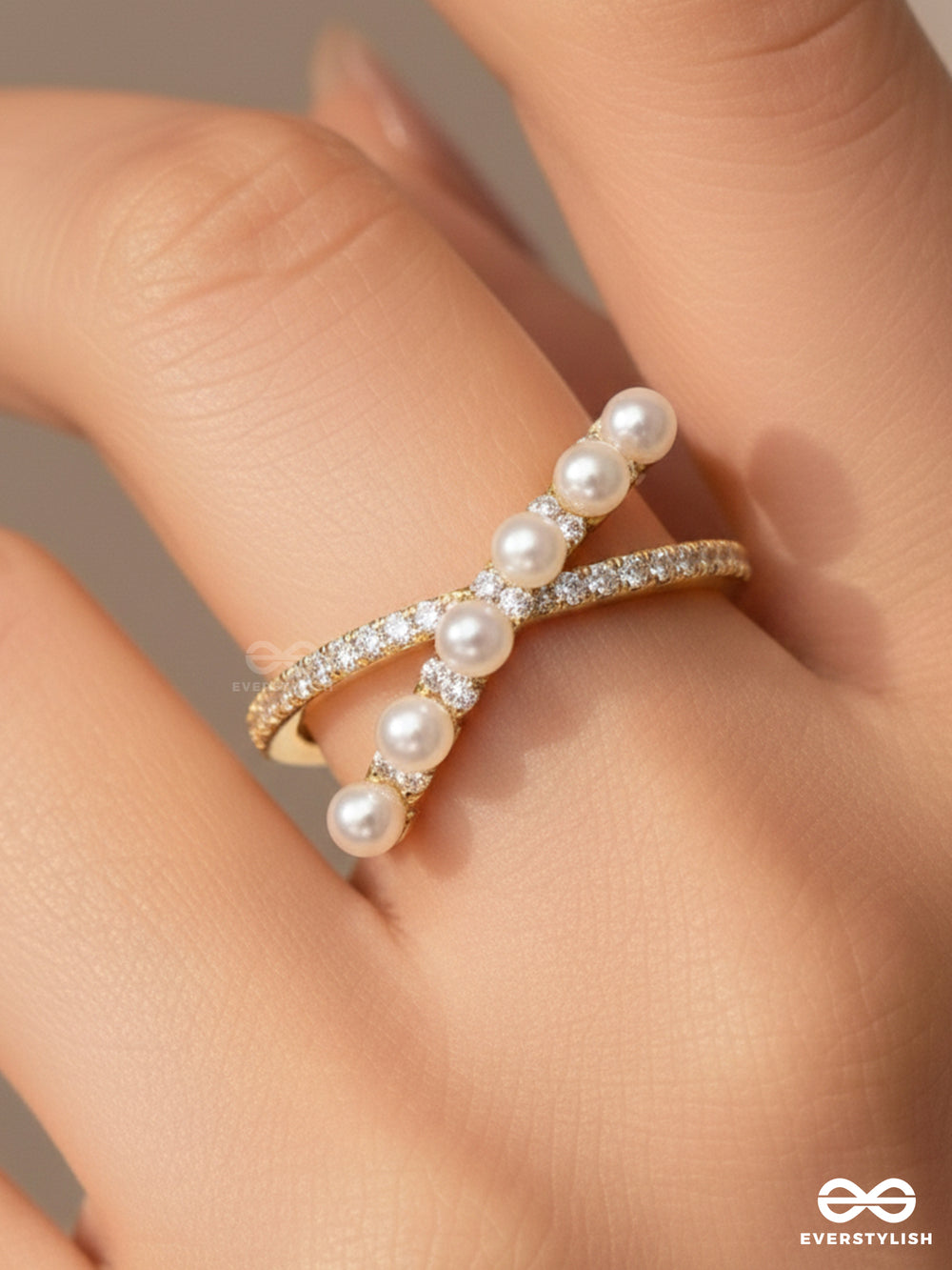 Crisscrossed Pearls - Golden Embellished Ring