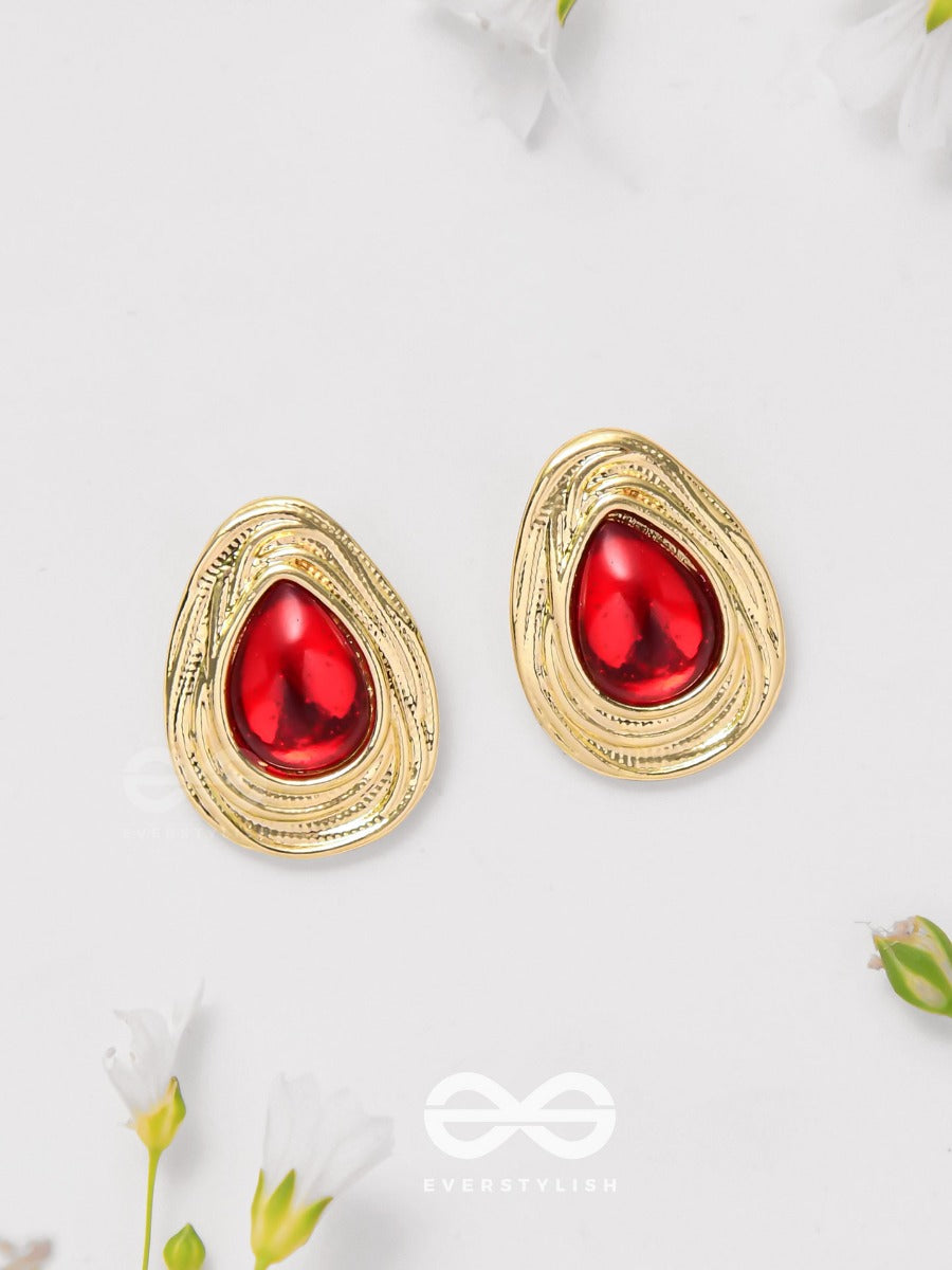Cherry Drop - Golden And Red Stud Earrings