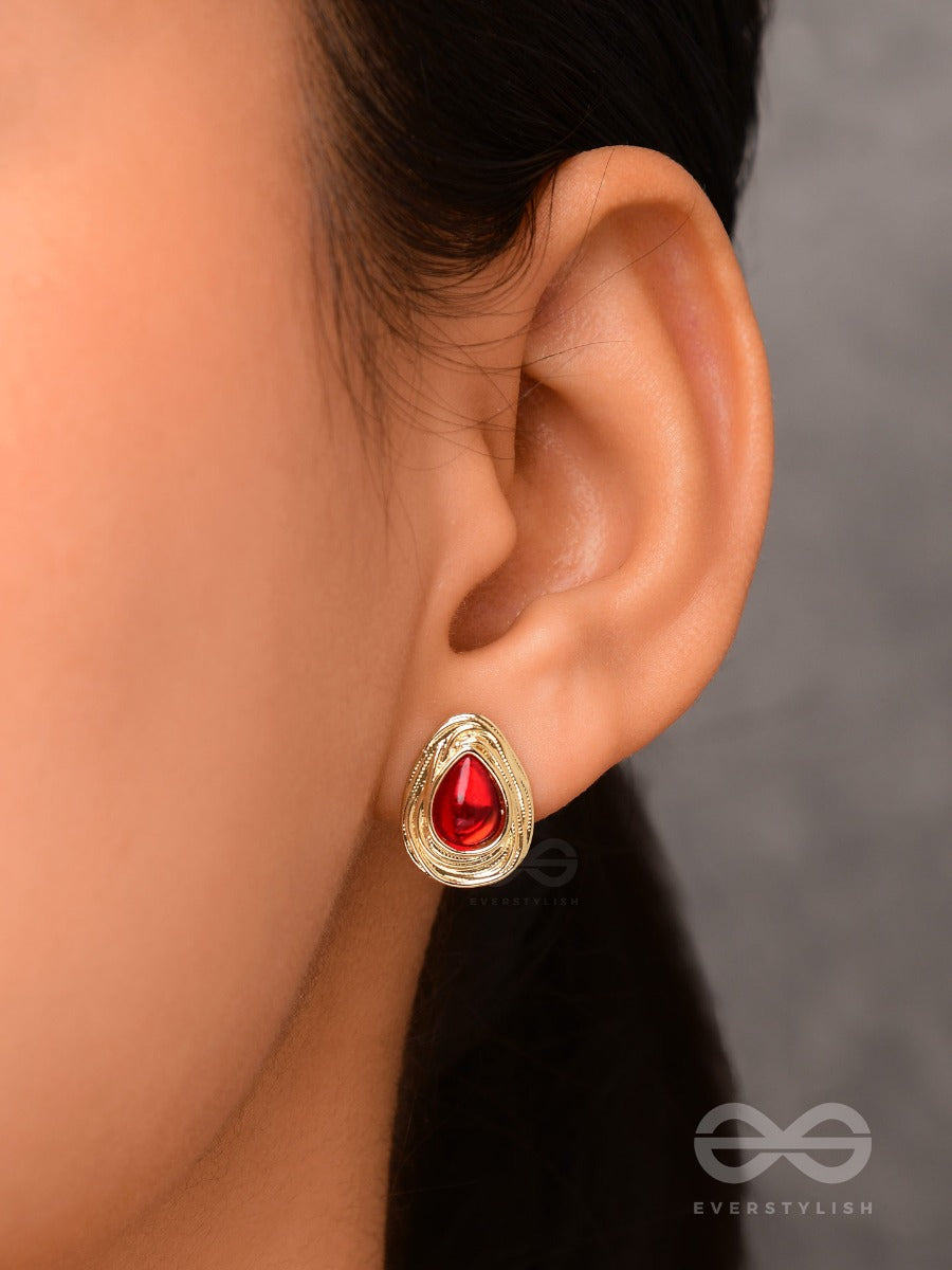 Cherry Drop - Golden And Red Stud Earrings