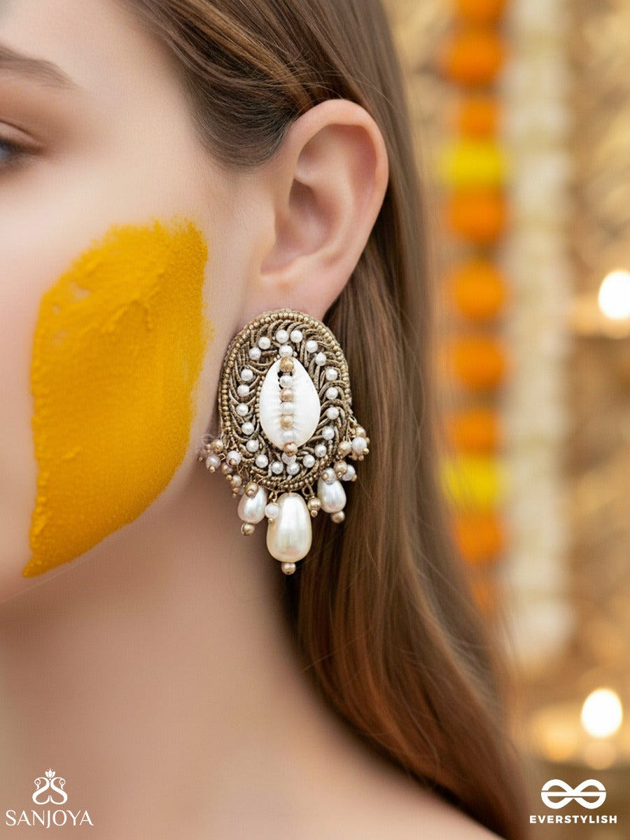 Dinara - The Shell Shoreline - Beads, Shells And Pearl Drops Hand Embroidered Earrings