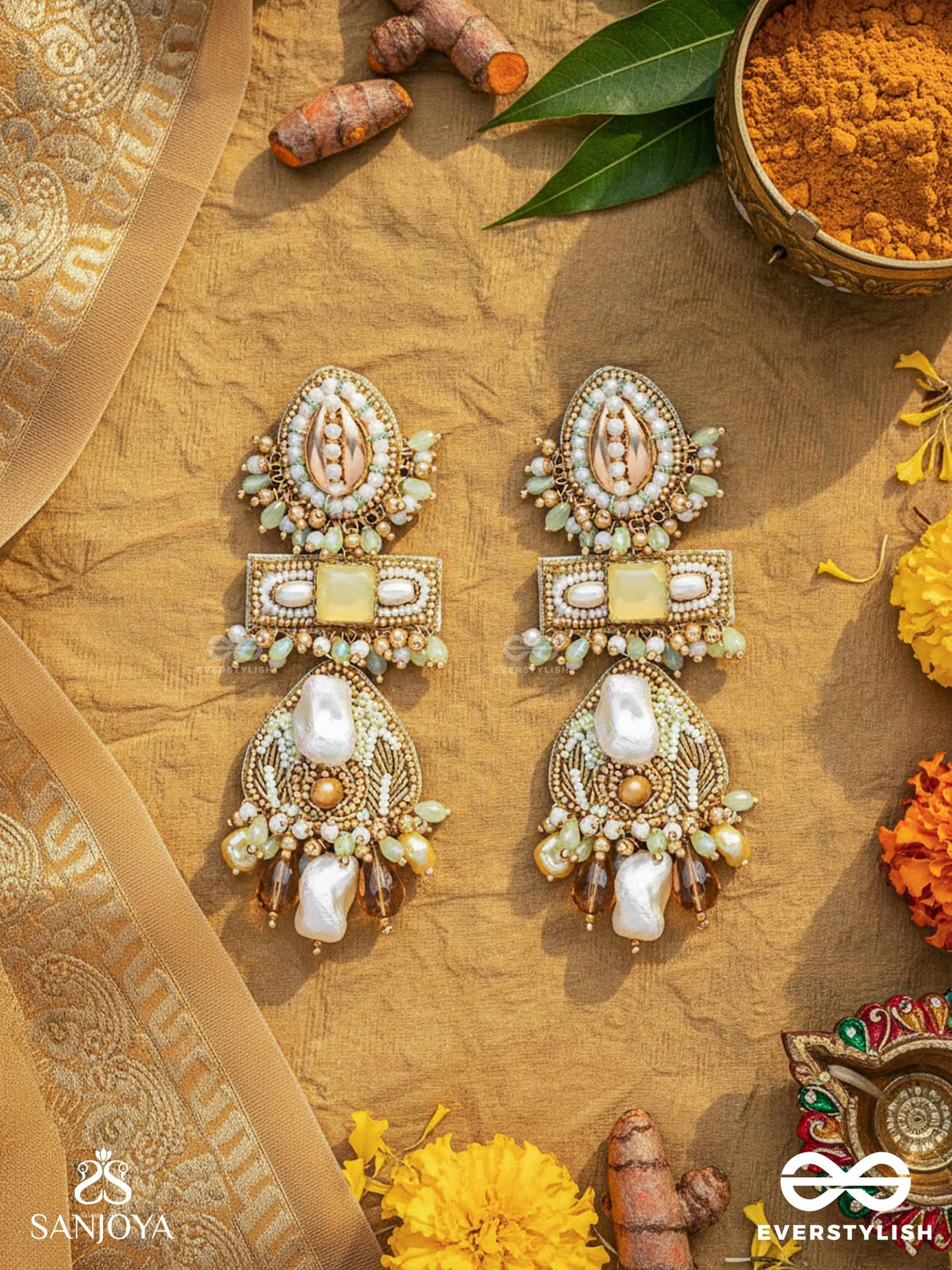 Atisitam- - The Regal Wonderland- Shells, Stones, Beads And Glass Drops Hand Embroidered Earrings