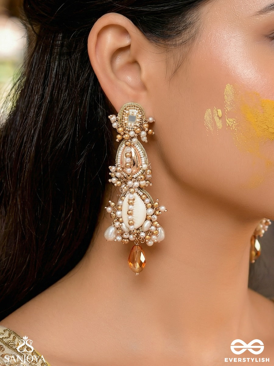 Samudrika- The Marine Magic- Shells, Beads, Pearl And Glass Drops Hand Embroidered Earrings