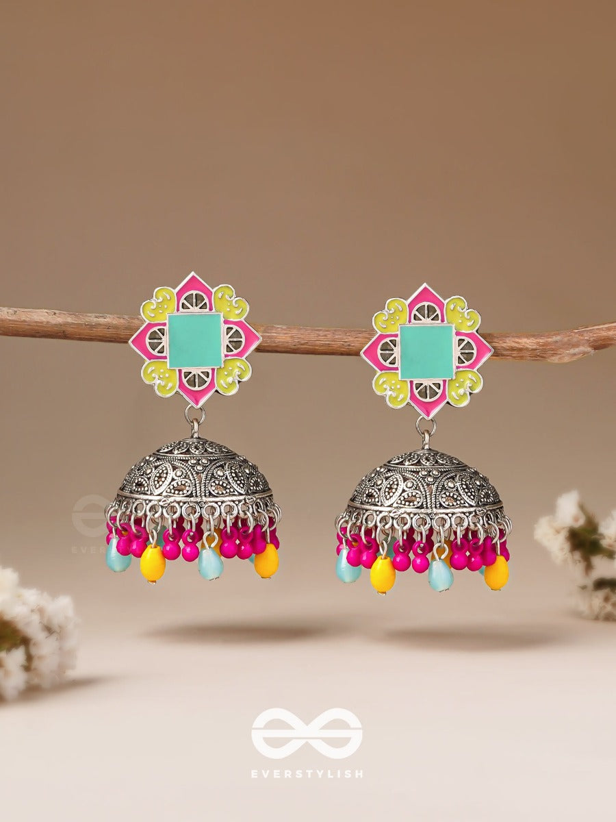 The Flowers Of Spring - Enamelled Oxidised Jodhpuri Jhumkas