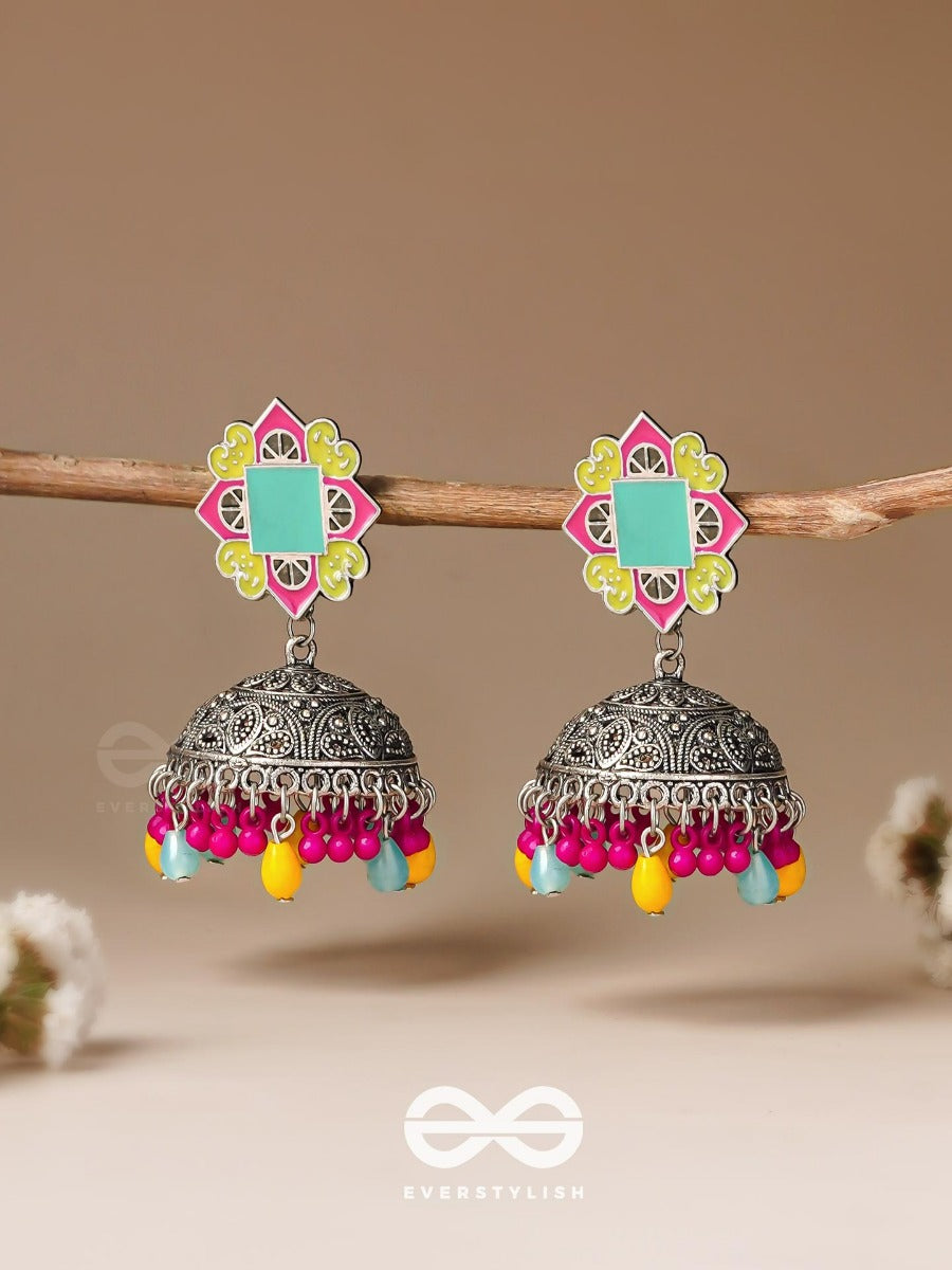The Flowers Of Spring - Enamelled Oxidised Jodhpuri Jhumkas