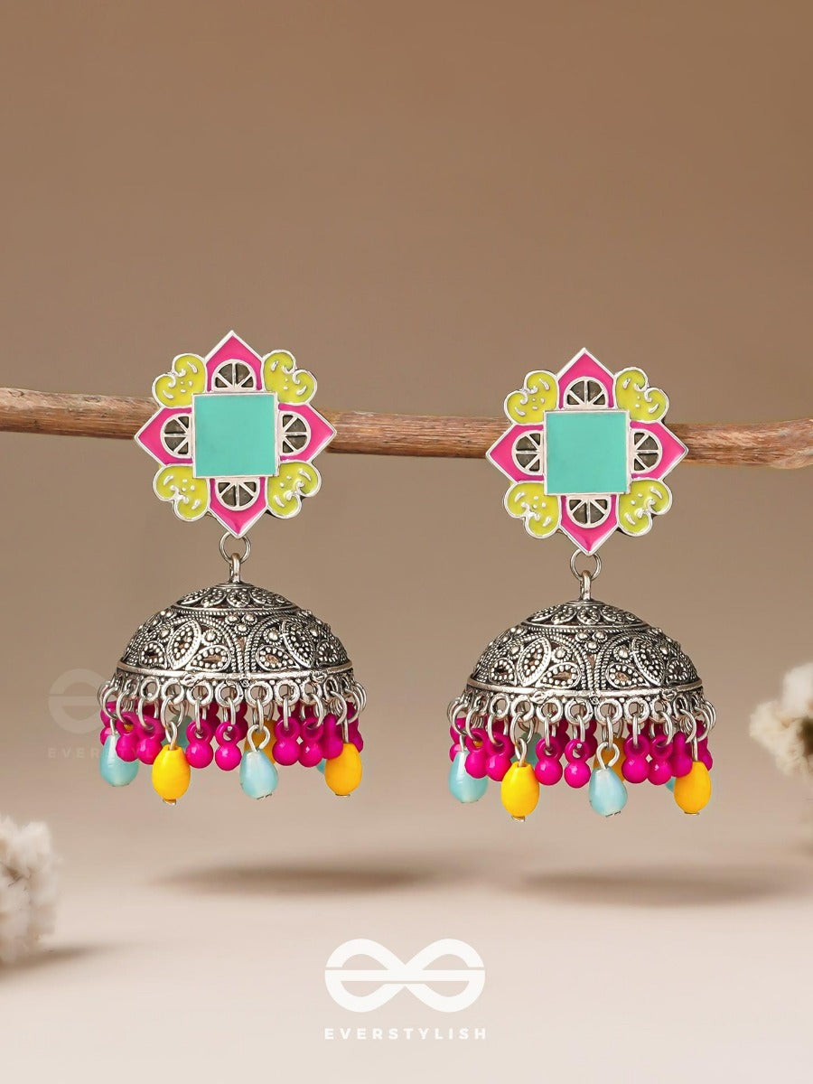 The Flowers Of Spring - Enamelled Oxidised Jodhpuri Jhumkas