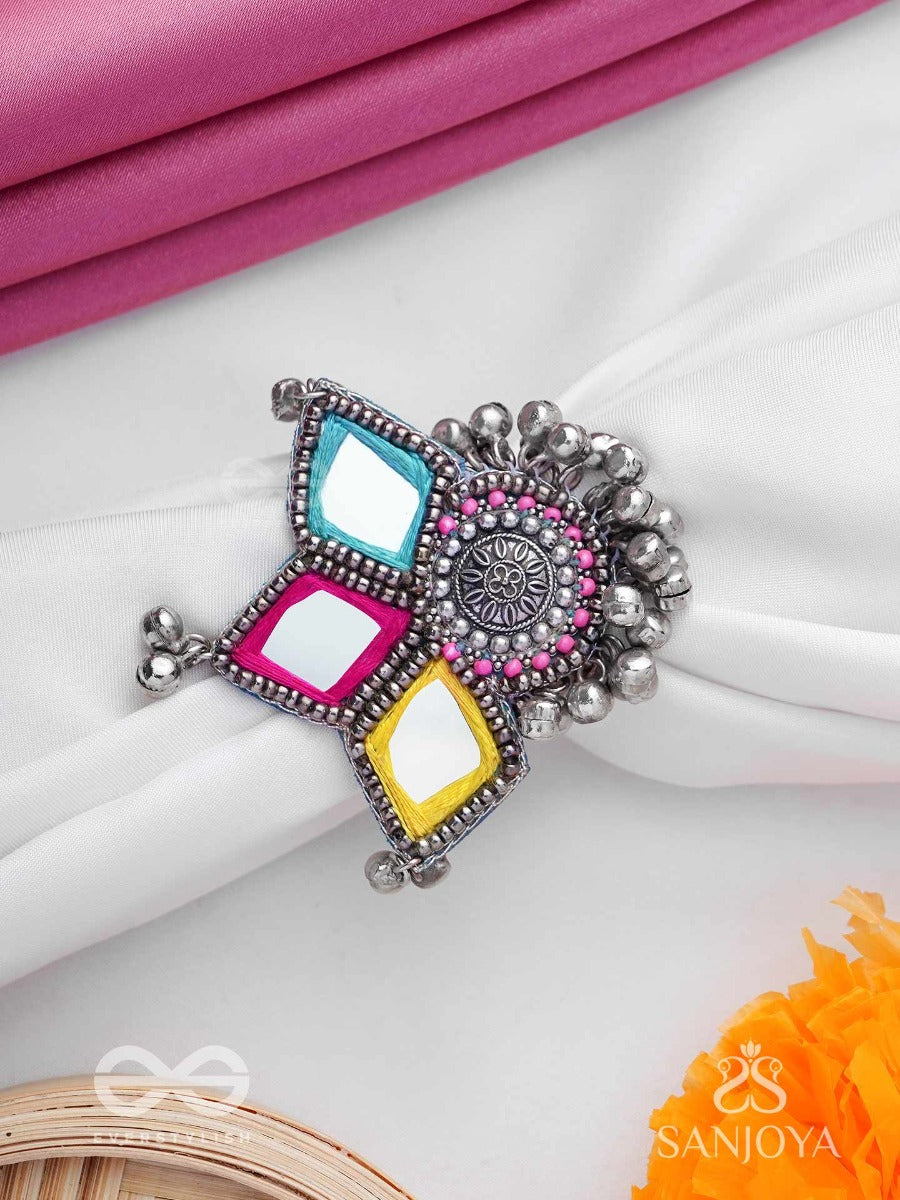 Abhicharita- The Tiny Charms- Mirror, Resham And Beads Hand Embroidered Ring