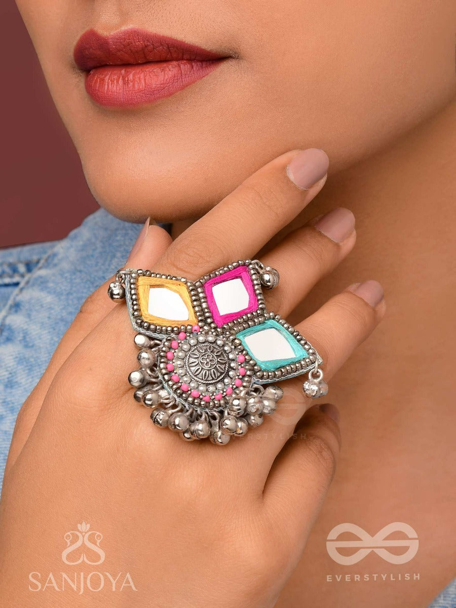 Abhicharita- The Tiny Charms- Mirror, Resham And Beads Hand Embroidered Ring