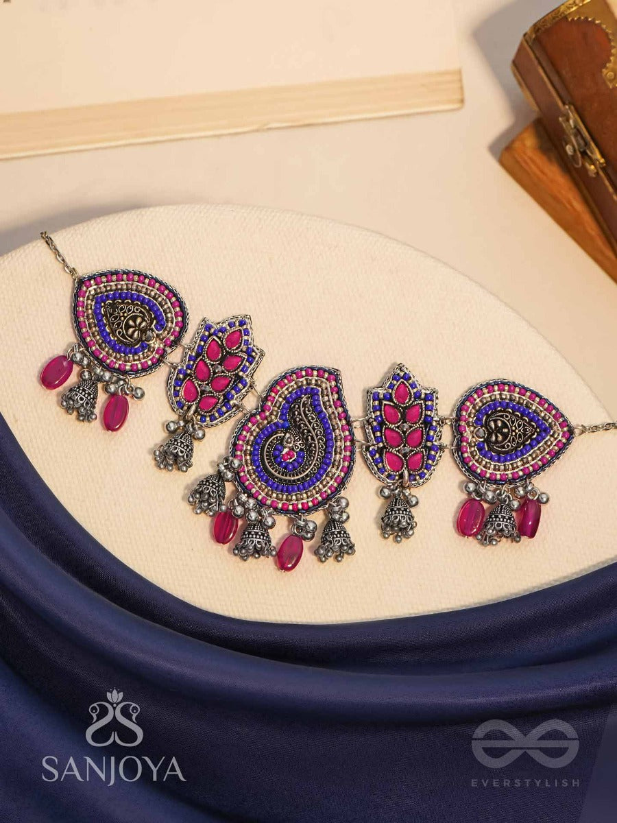 Strimaye - The Passionate Femininity - Beads And Stones Hand Embroidered Oxidised Neckpiece