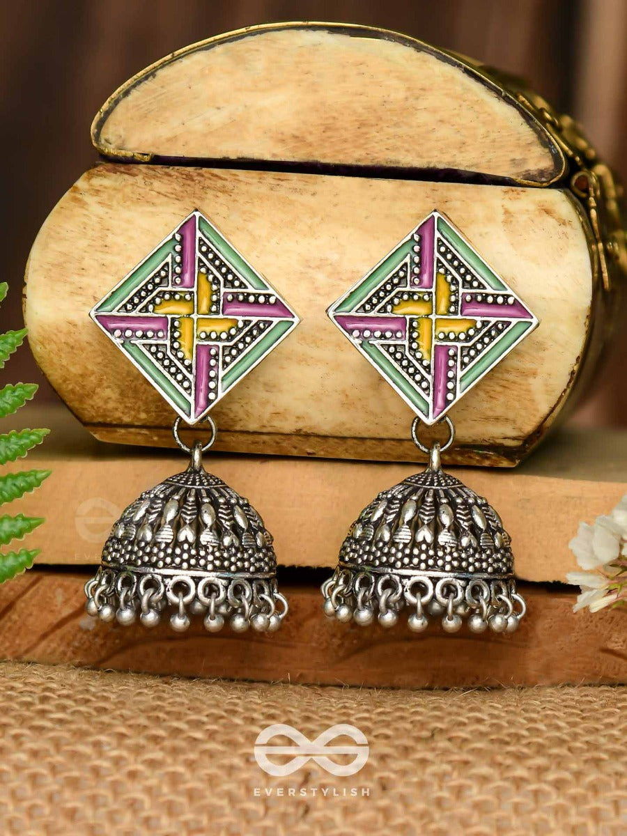 The Dazzled Chakravyuh- Enamelled Oxidised Jhumka Earrings