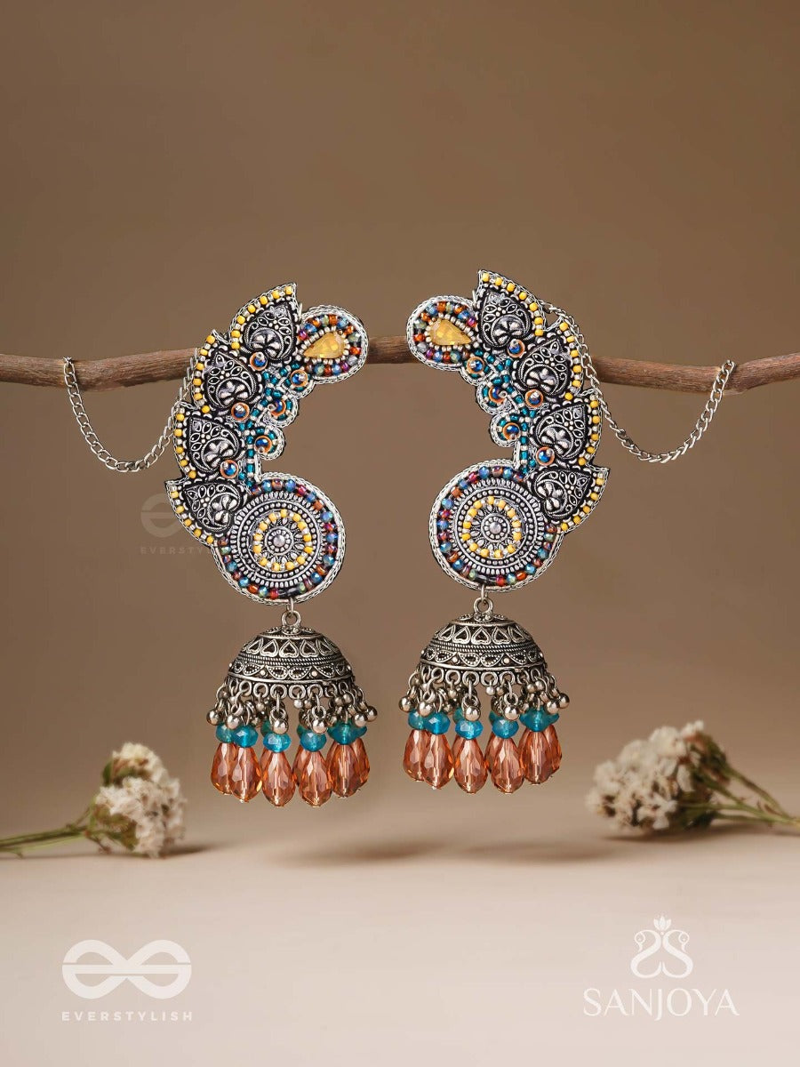 Kalaap- The Peacock's Tail- Beads And Glass Drops Hand Embroidered Oxidised Jhumka Earrings