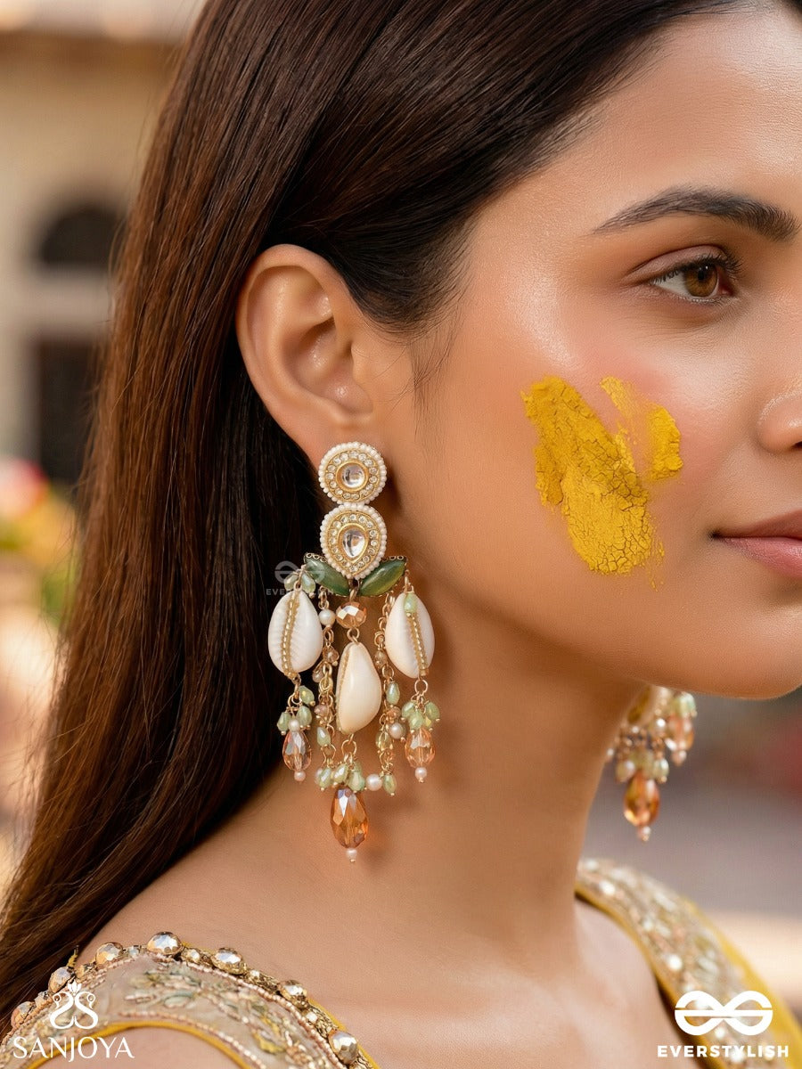 Divyaan- The Celestial Dreamdust- Shells, Beads, Polki And Kundan Finished Hand Embroidered Earrings