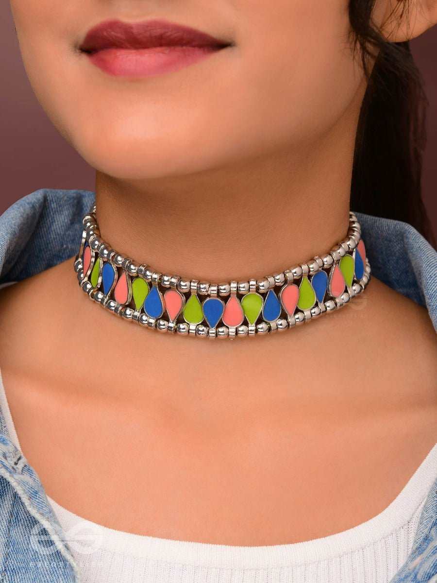 The Vivid Drops - Enamelled Oxidised Choker Neckpiece (Multicolour)