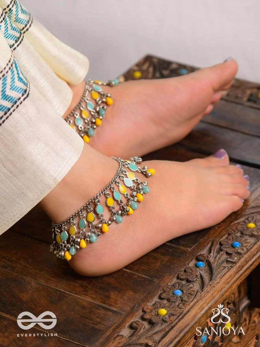 The Sunflower Garden- Enamelled Oxidised Anklets (Set Of 2)