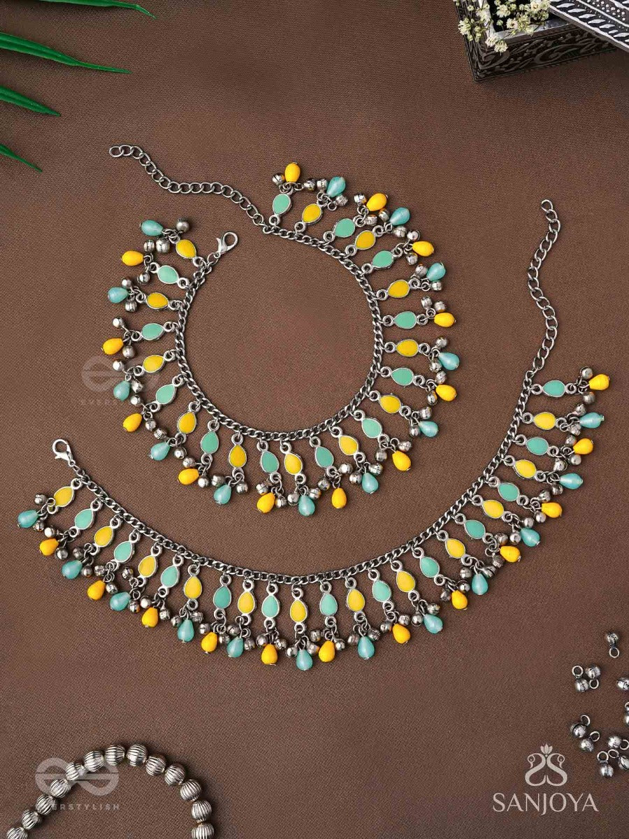 The Sunflower Garden- Enamelled Oxidised Anklets (Set Of 2)