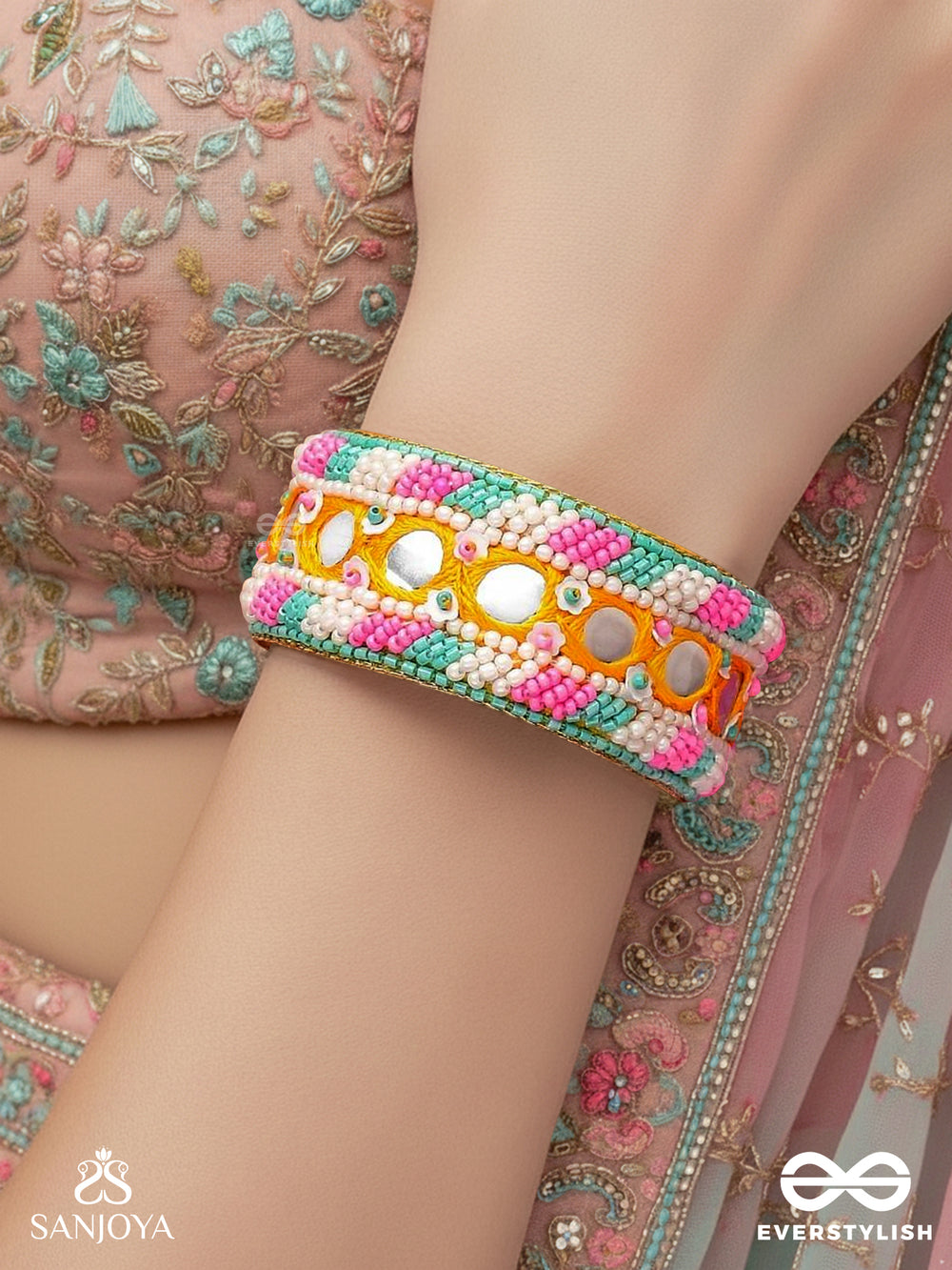Madana- The Spring Poetry- Mirror, Resham And Beads Hand Embroidered Bangle