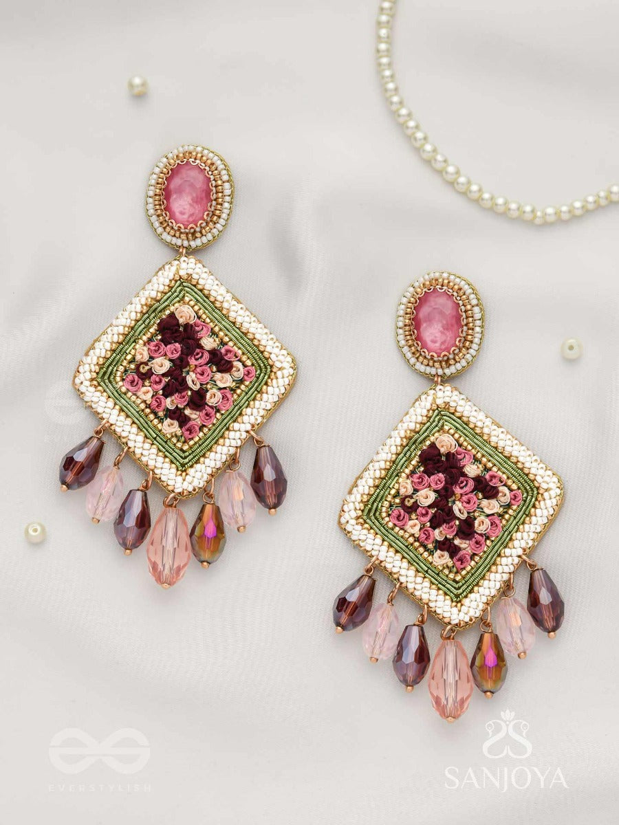 Saukumaryam- The Rouge Delicacy- Resham, Beads And Glass Drops Hand Embroidered Earrings