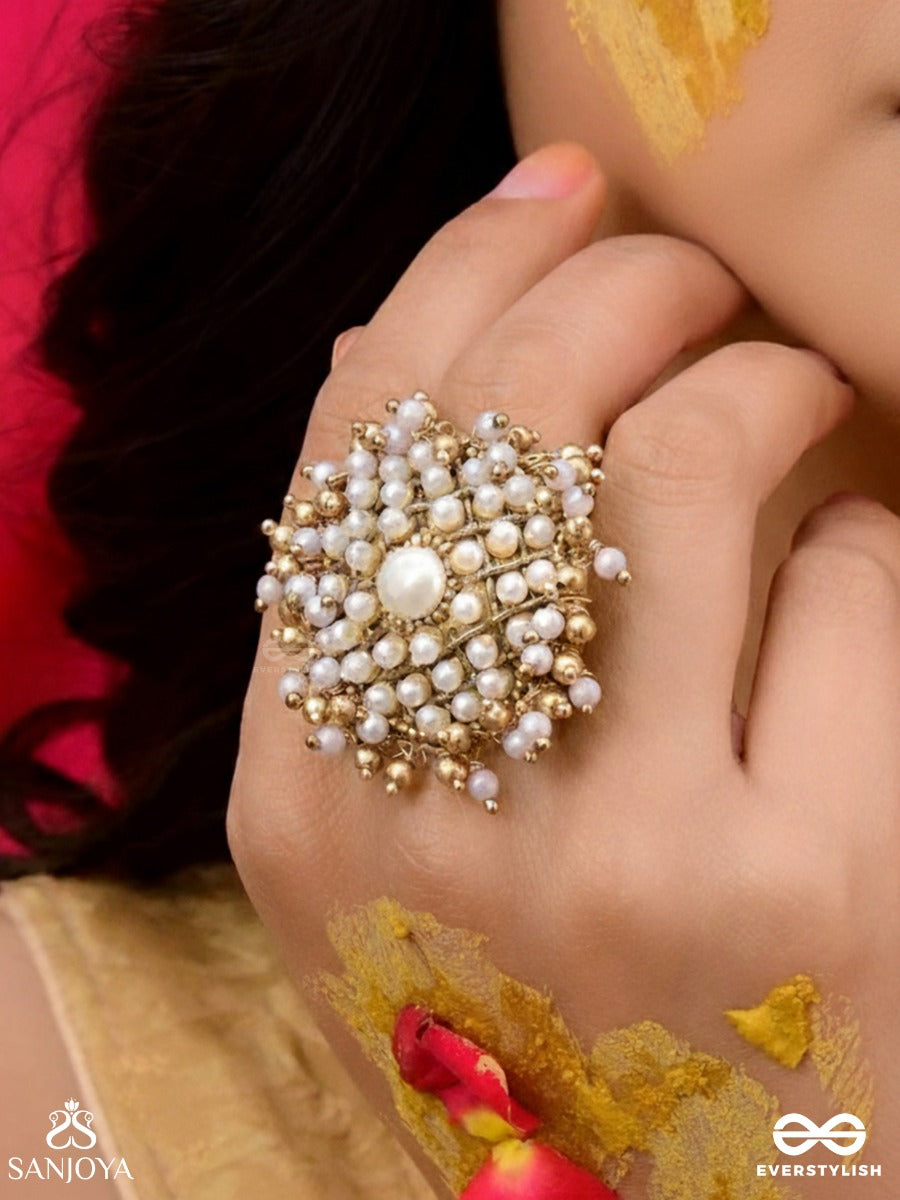 Atimukta- The Pearly Proposal- Pearl And Beads Hand Embroidered Golden Ring (Adjustable)