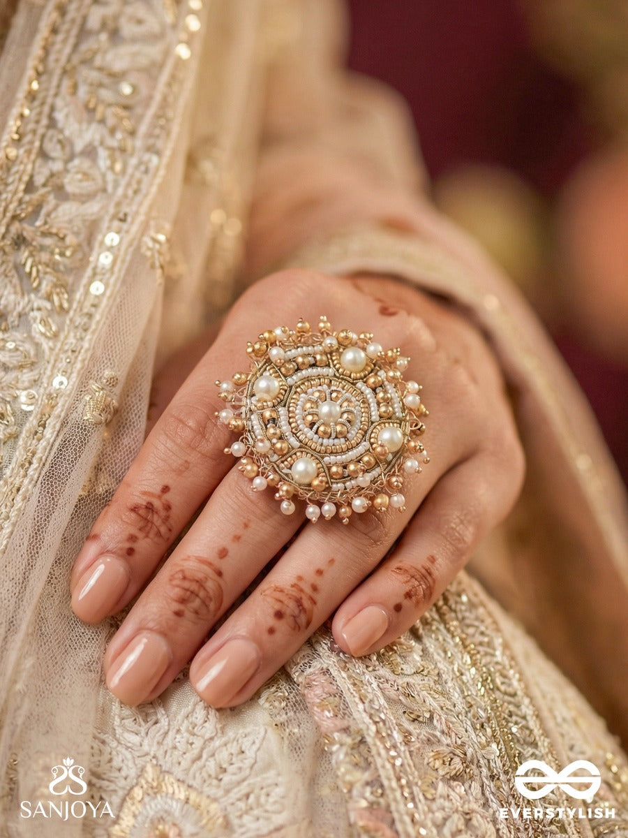 Atisrishti- The Dreamy Creation- Pearls And Beads Hand Embroidered Golden Ring (Adjustable)