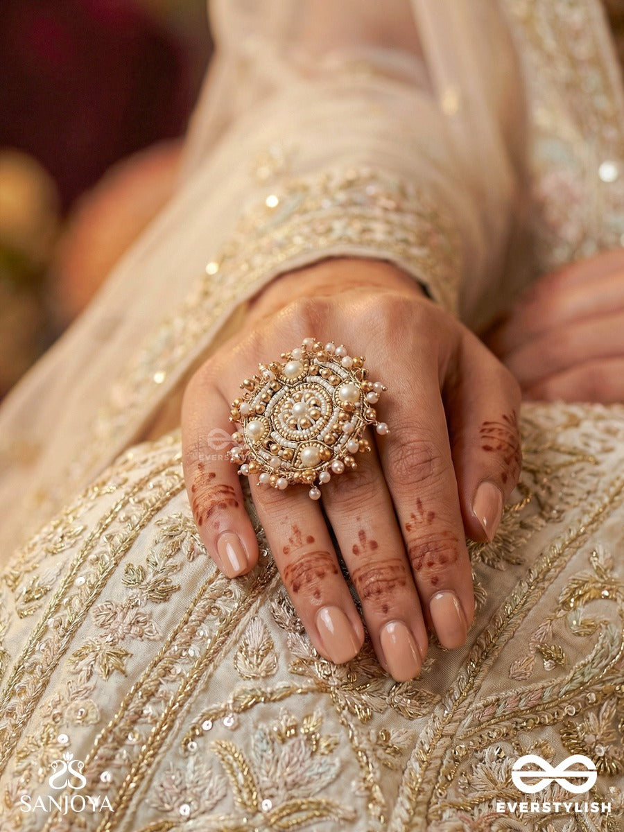 Atisrishti- The Dreamy Creation- Pearls And Beads Hand Embroidered Golden Ring (Adjustable)
