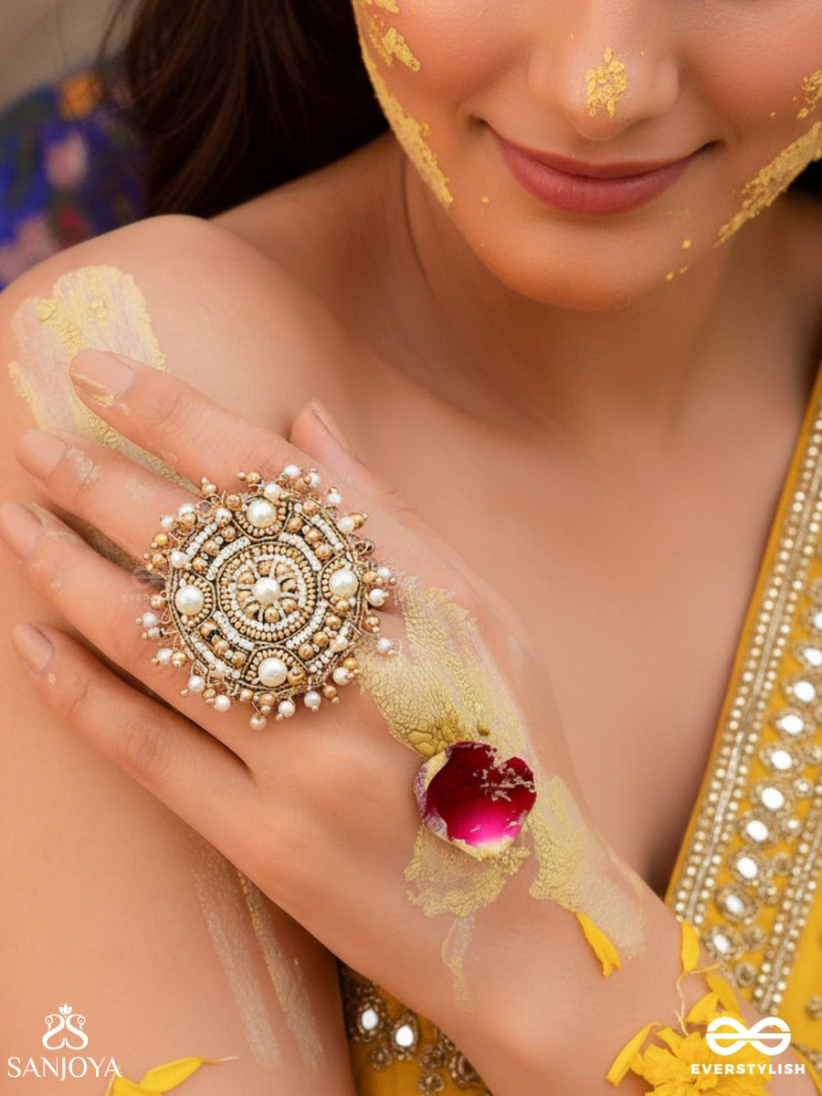 Atisrishti- The Dreamy Creation- Pearls And Beads Hand Embroidered Golden Ring (Adjustable)