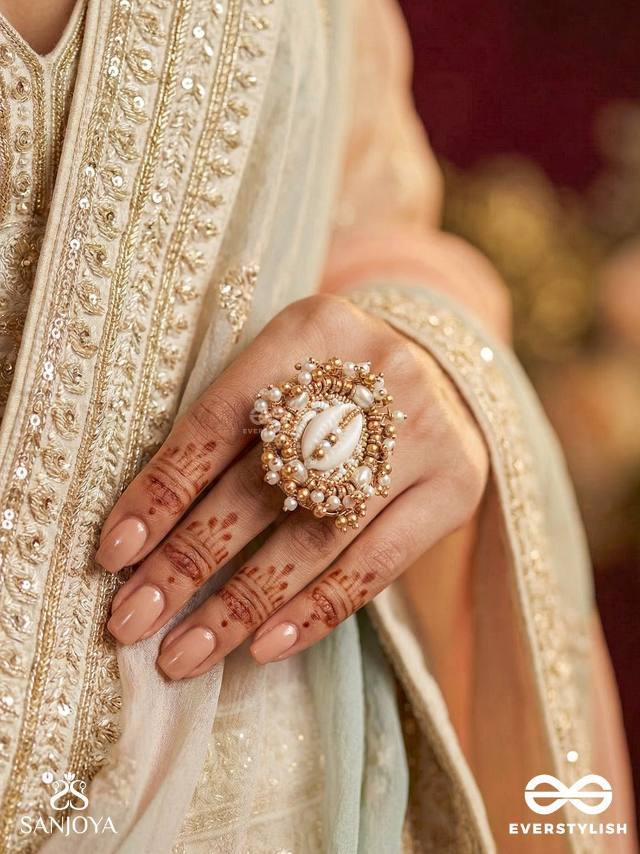 Pratisanshru - The Shore Promise - Shell And Beads Hand Embroidered Golden Ring (Adjustable)