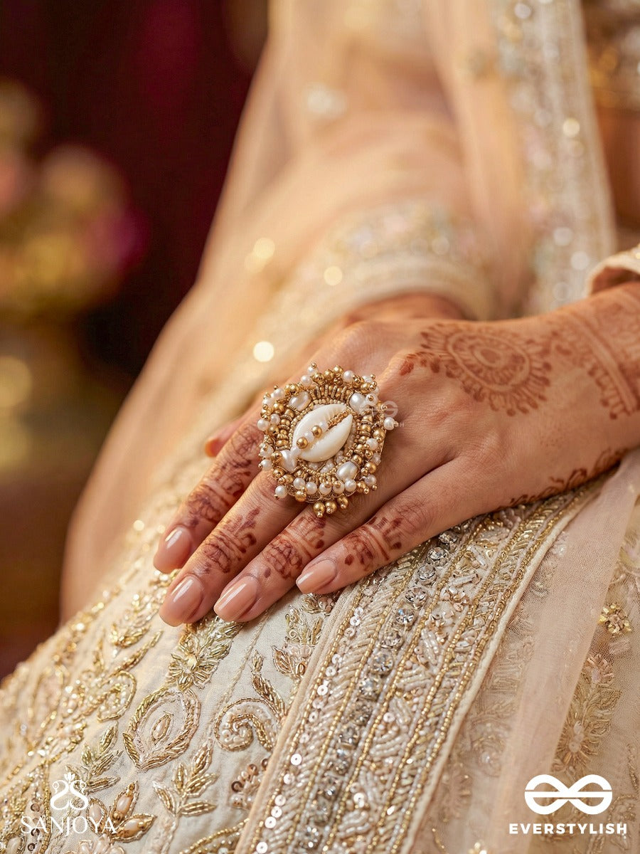 Pratisanshru - The Shore Promise - Shell And Beads Hand Embroidered Golden Ring (Adjustable)