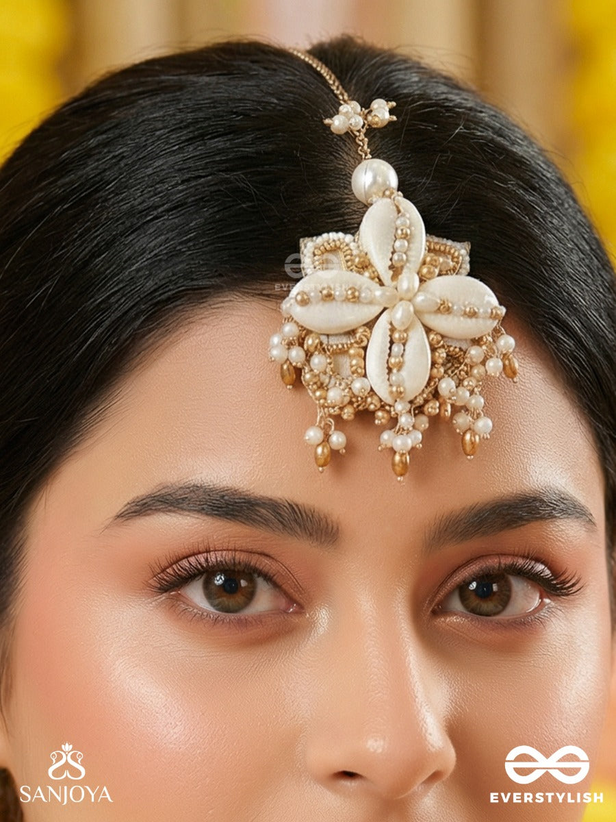 Jalkam- The Shell Cluster- Mirrors, Shells And Beads Hand Embroidered Maangtika