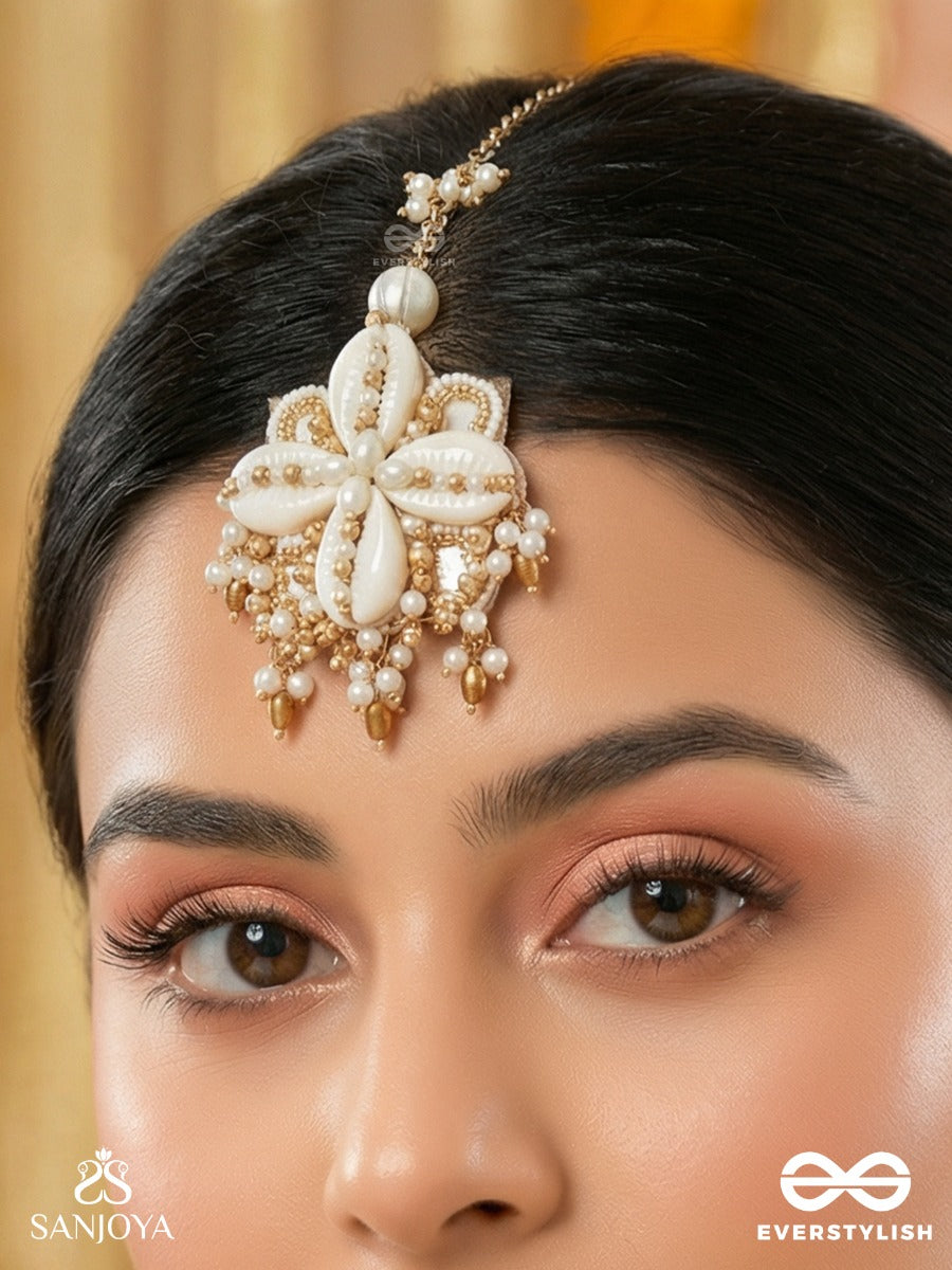 Jalkam- The Shell Cluster- Mirrors, Shells And Beads Hand Embroidered Maangtika