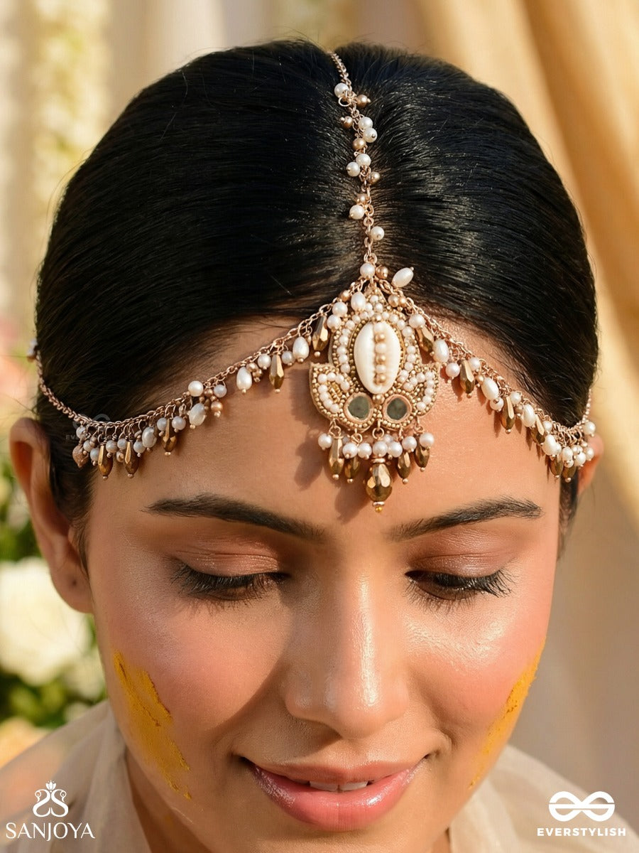 Roopdheya - The Budding Beauty - Shell, Mirrors, Beads And Glass Drops Hand Embroidered Maangtika