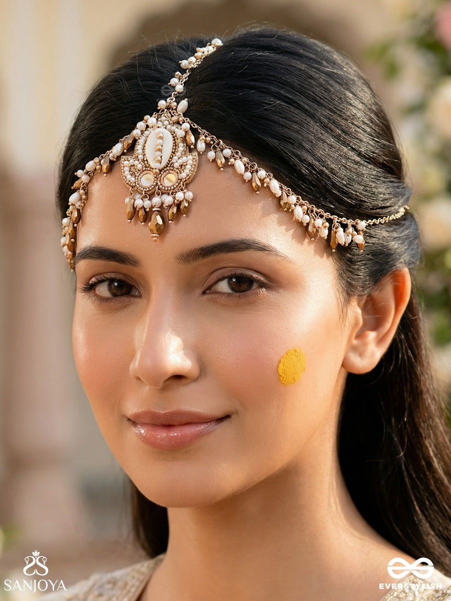 Roopdheya - The Budding Beauty - Shell, Mirrors, Beads And Glass Drops Hand Embroidered Maangtika