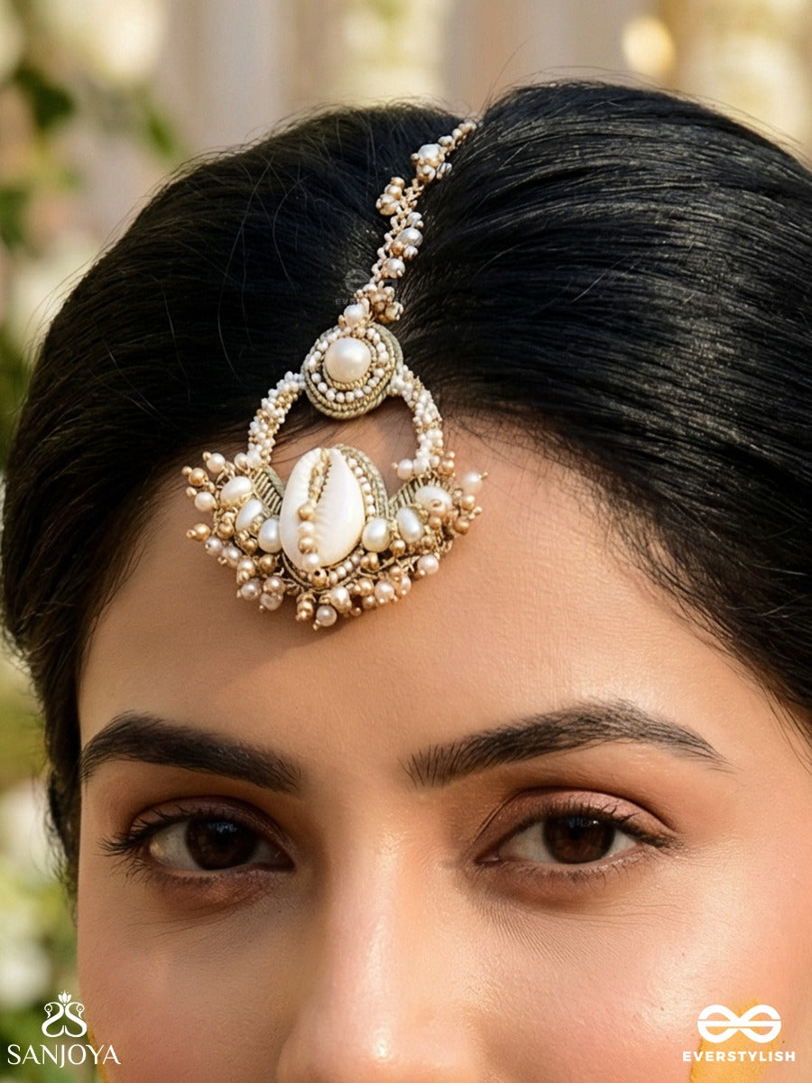Nairjar - The Divine Blessing- Pearls, Shell And Beads Hand Embroidered Maangtika