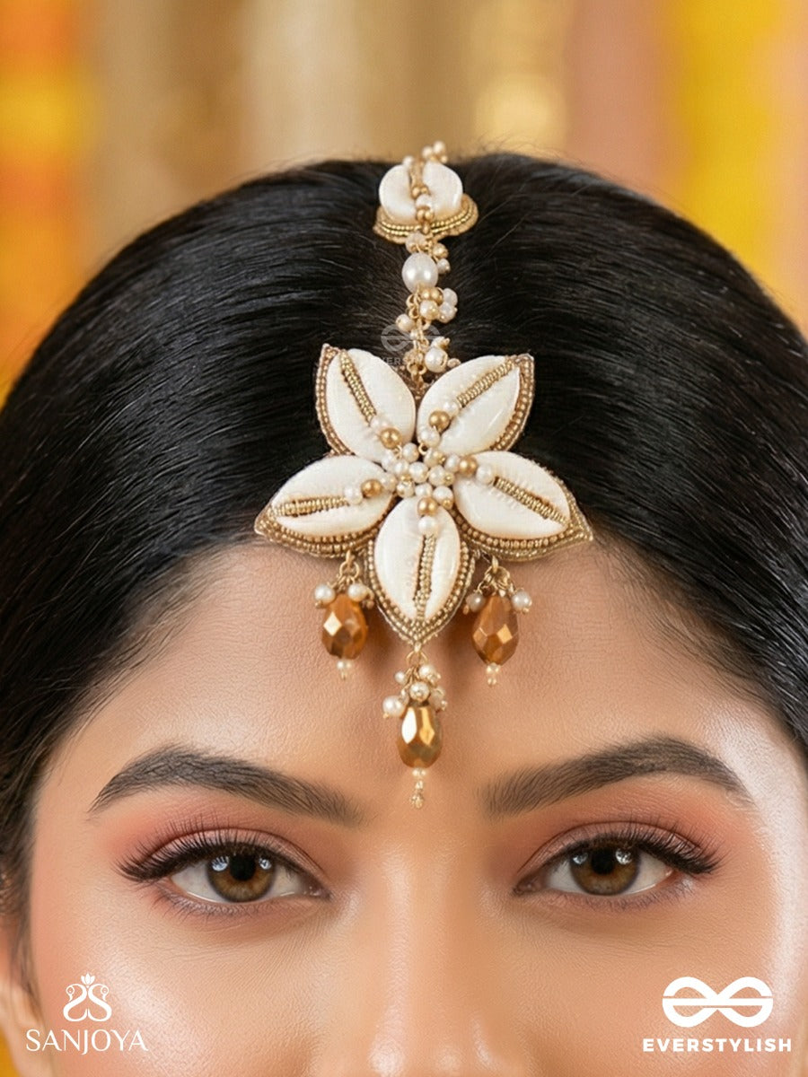 Stimit - The Cowrie Calm- Shells, Beads And Glass Drops Hand Embroidered Maangtika