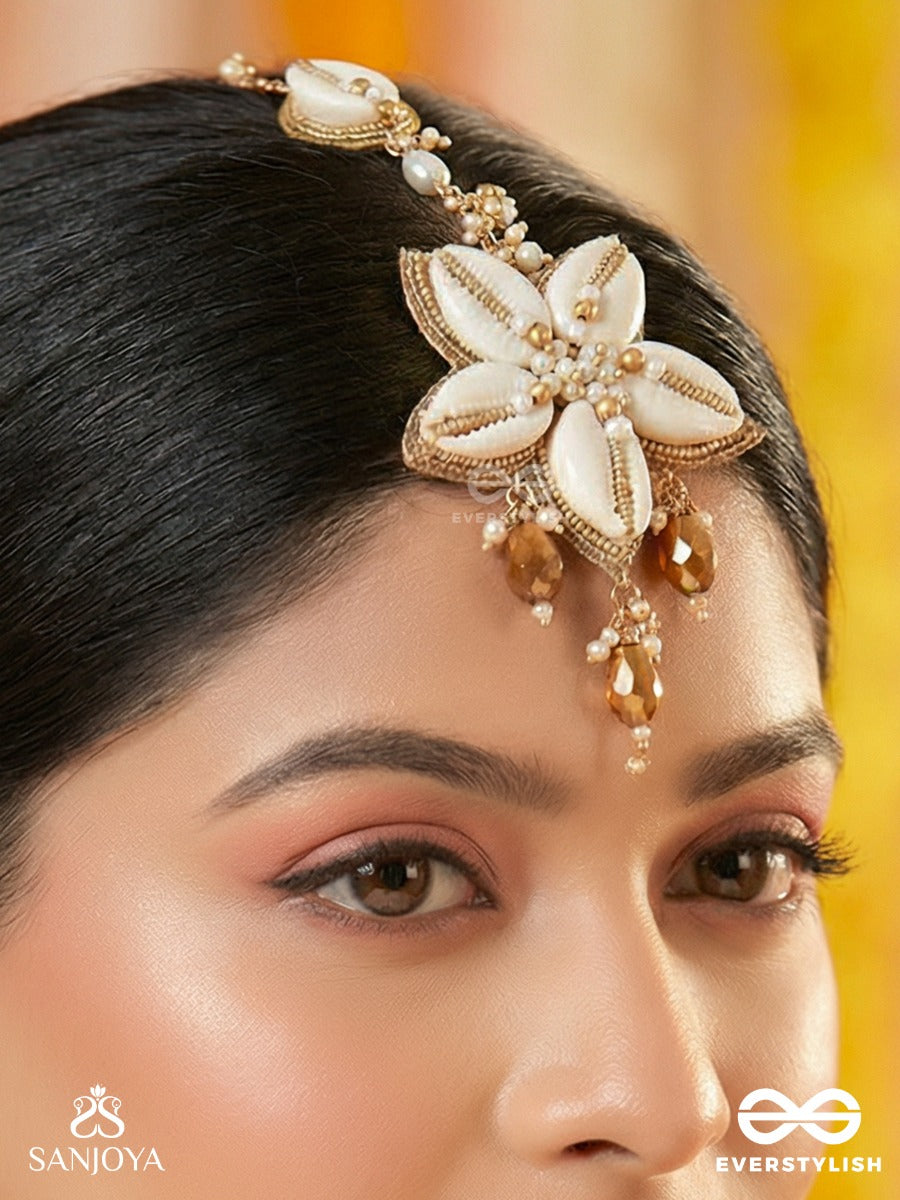 Stimit - The Cowrie Calm- Shells, Beads And Glass Drops Hand Embroidered Maangtika