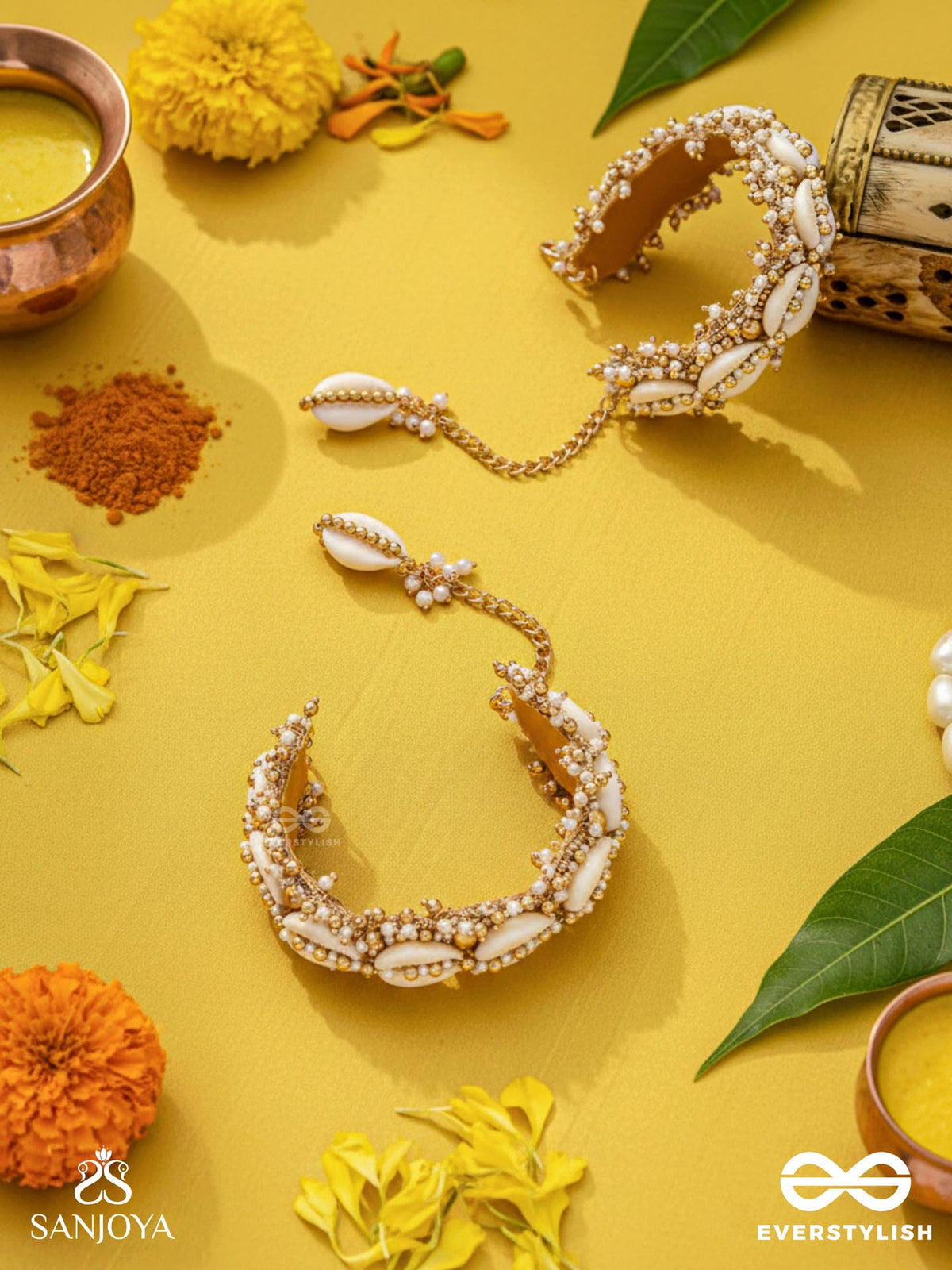 Arthogya - The Marine Treasures - Shells And Beads Hand Embroidered Cuff Bracelets (Set Of 2)