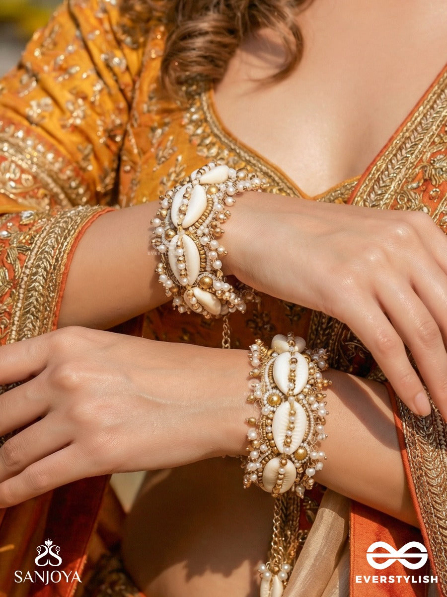 Arthogya - The Marine Treasures - Shells And Beads Hand Embroidered Cuff Bracelets (Set Of 2)