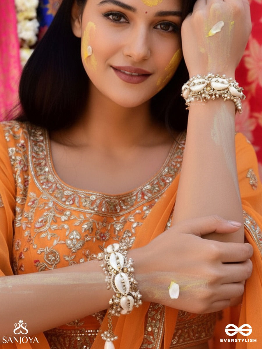 Arthogya - The Marine Treasures - Shells And Beads Hand Embroidered Cuff Bracelets (Set Of 2)