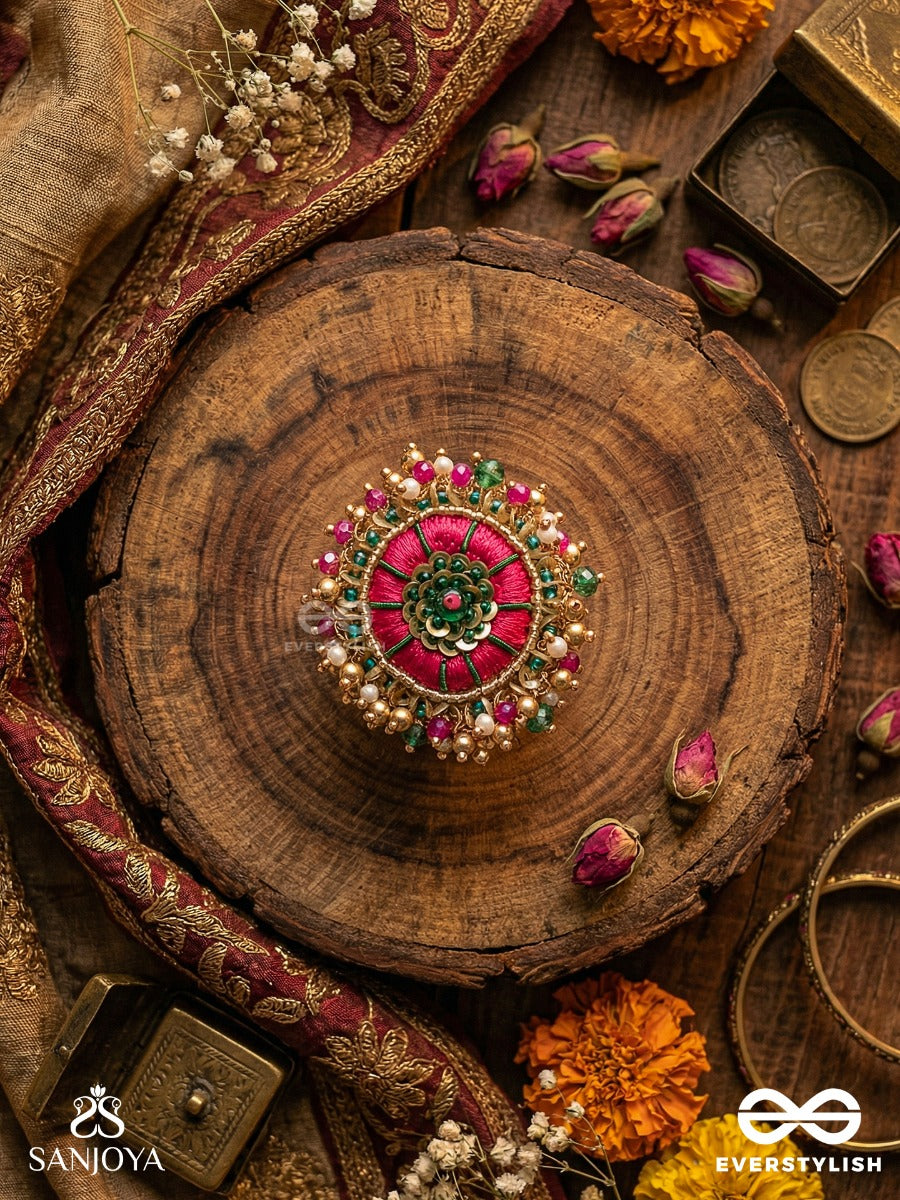 Bibhrat - The Luminous Pink - Resham, Beads And Dabka Hand Embroidered Ring (Adjustable)